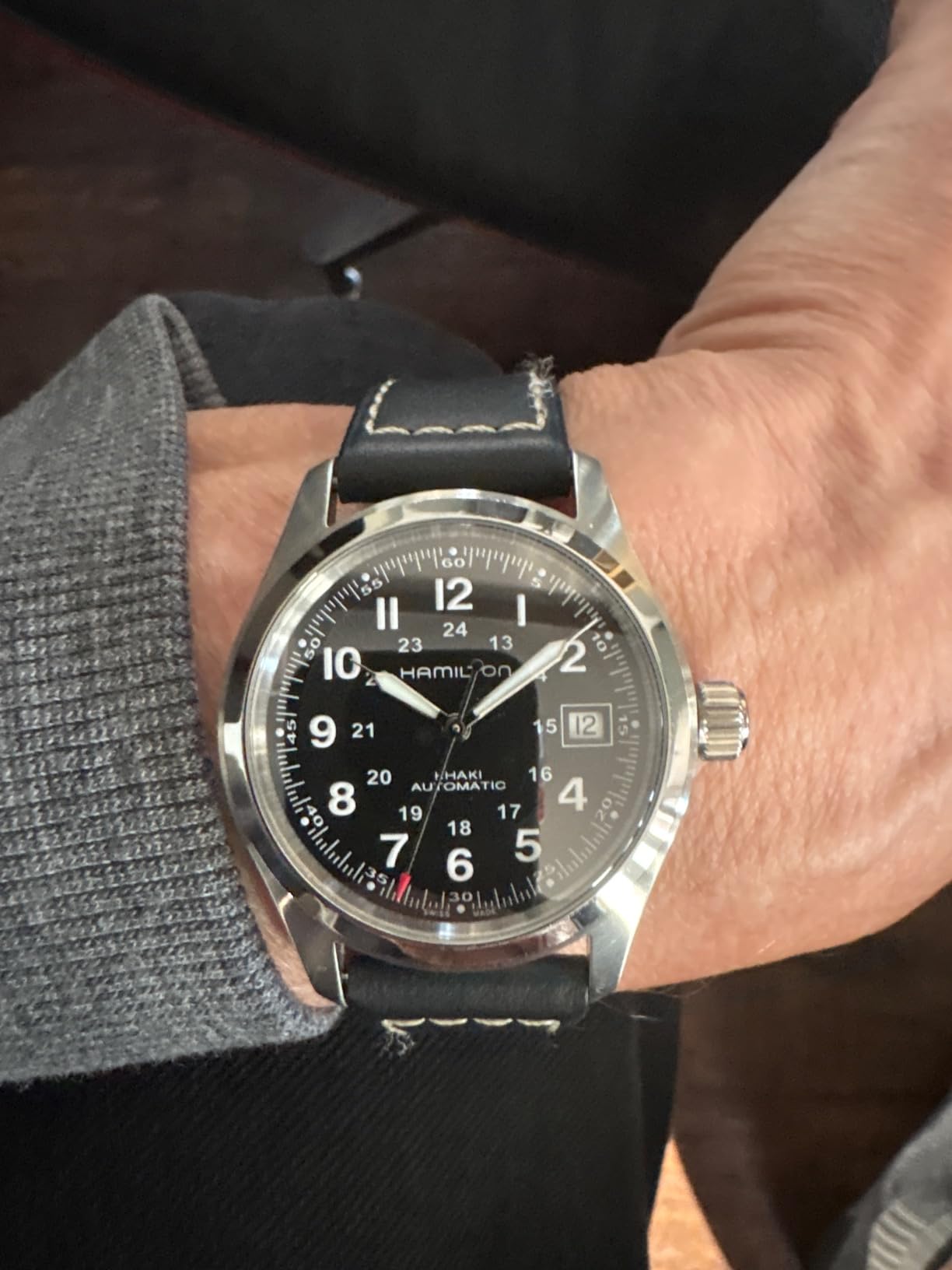 Hamilton Khaki Field Automatic Men's Watch, 38mm Stainless Steel, Black Dial, Swiss Made, Sapphire Crystal, Cow Leather Strap customer photo 2