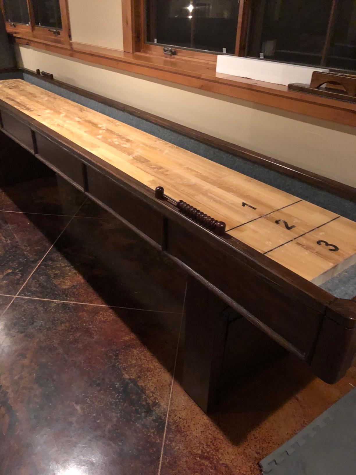 Barrington 12ft Webster Shuffleboard Table, Solid Wood, Storage Cabinets | 12ft Rustic Shuffleboard Table with 1.75