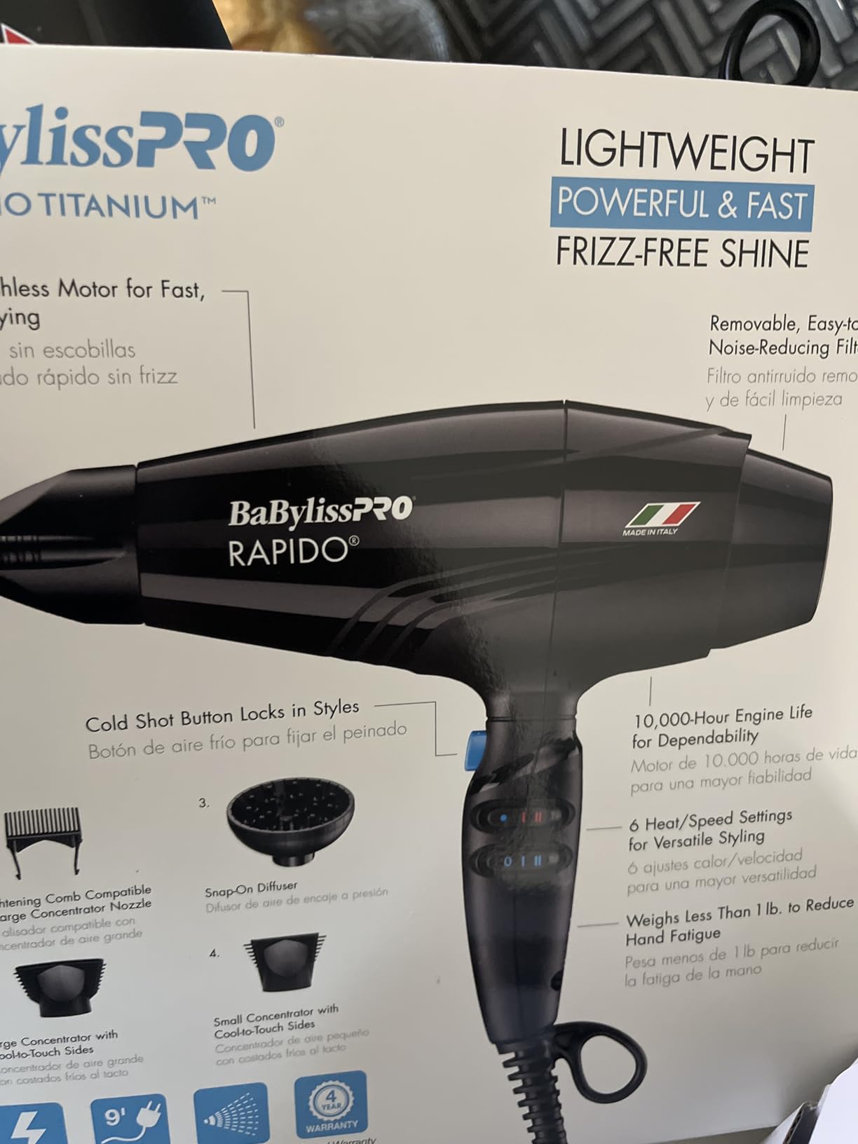 BaBylissPRO Hair Dryer, Nano Titanium Rapido 2000-Watt Blow Dryer, Black, BRAP1 | Blow dryer with diffuser, concentrators, and straightening pick, 10,000-hour engine life and 6 heat/speed settings customer photo 1