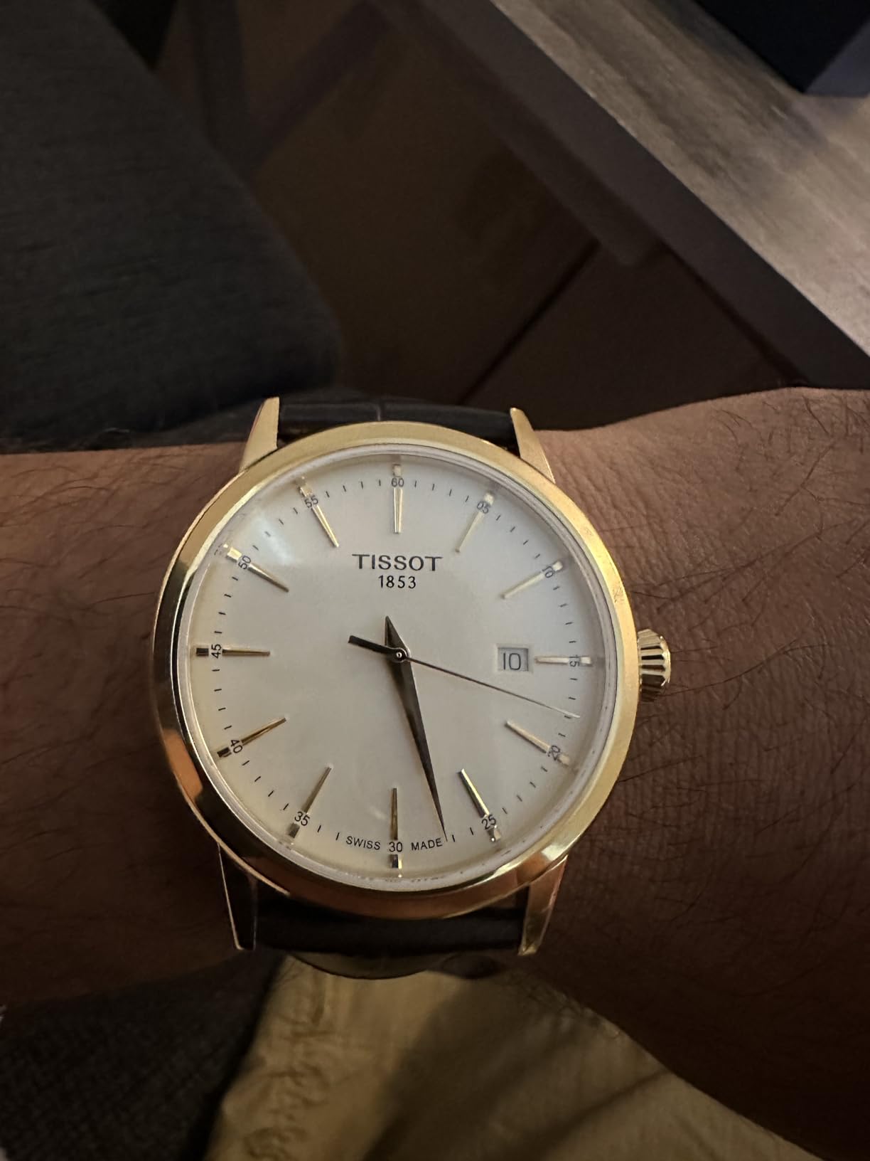 Tissot Mens Tissot Classic Dream 316L Stainless Steel case with Yellow Gold PVD Coating Quartz Watch, Brown, Leather, 22 (T1294103626100) customer photo 1