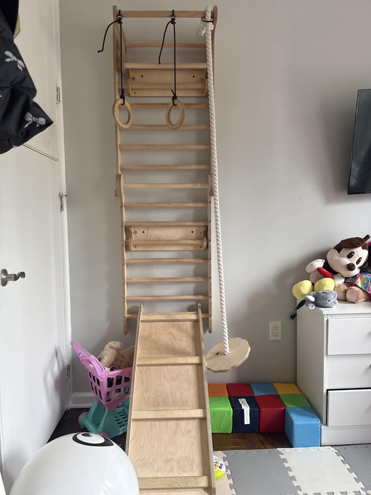 6-in-1 Indoor Playground for Kids - Wooden Swedish Wall, Climbing Ladder, Slide, Swing, Gymnastics Rings, Rock Climbing Wall - Jungle Gym Play Set for Ages 2-12 customer photo 1