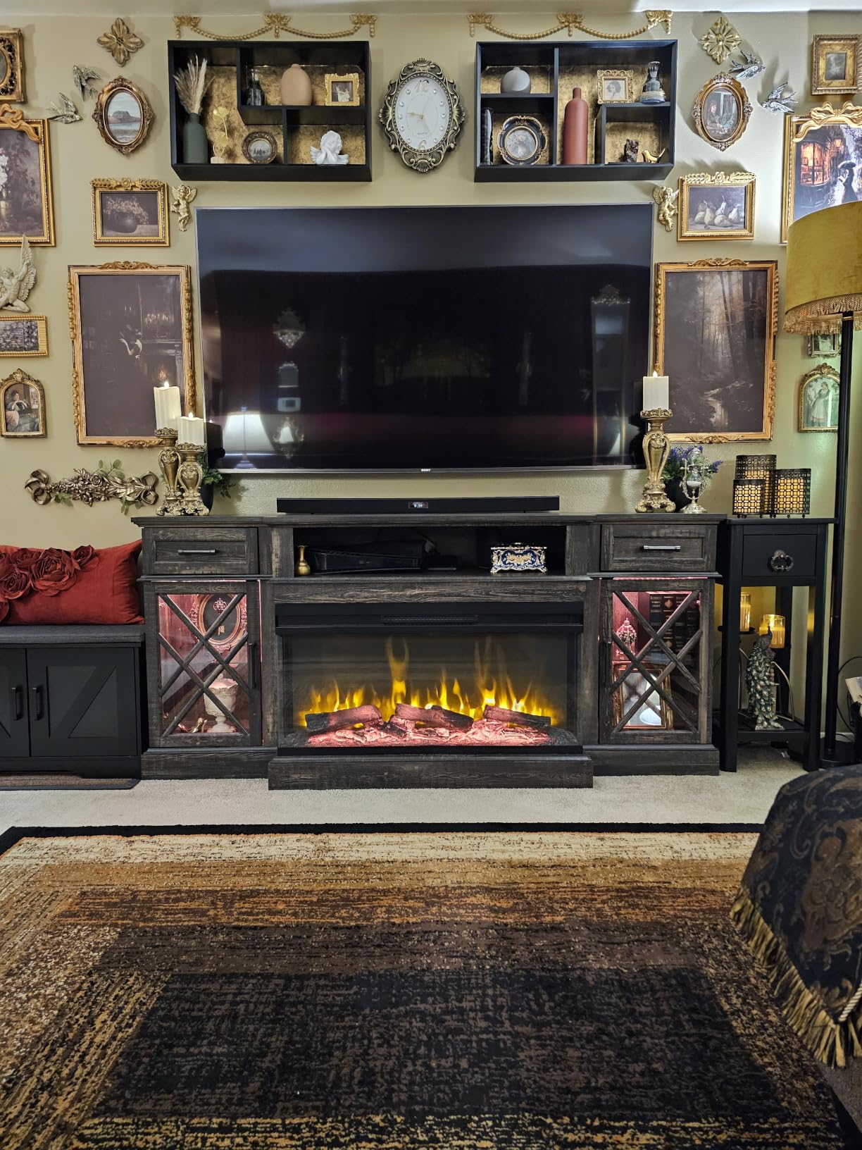 OKD 3-Sided Glass Farmhouse Electric Fireplace TV Stand for TVs up to 80 inches, Highboy Entertainment Center with Glass Door Storage Cabinet, 70 inches Large TV Stands with 36 inches Fireplace, Antique White customer photo 2