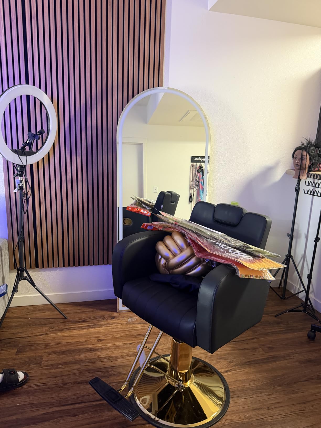 Black & Gold Reclining Salon Chair - All Purpose Hydraulic Barber Chair with Removable Headrest - Comfortable Styling Chair for Makeup, Lash, Tattoo, Braiding & Shaving, 440 lbs Cap. customer photo 2