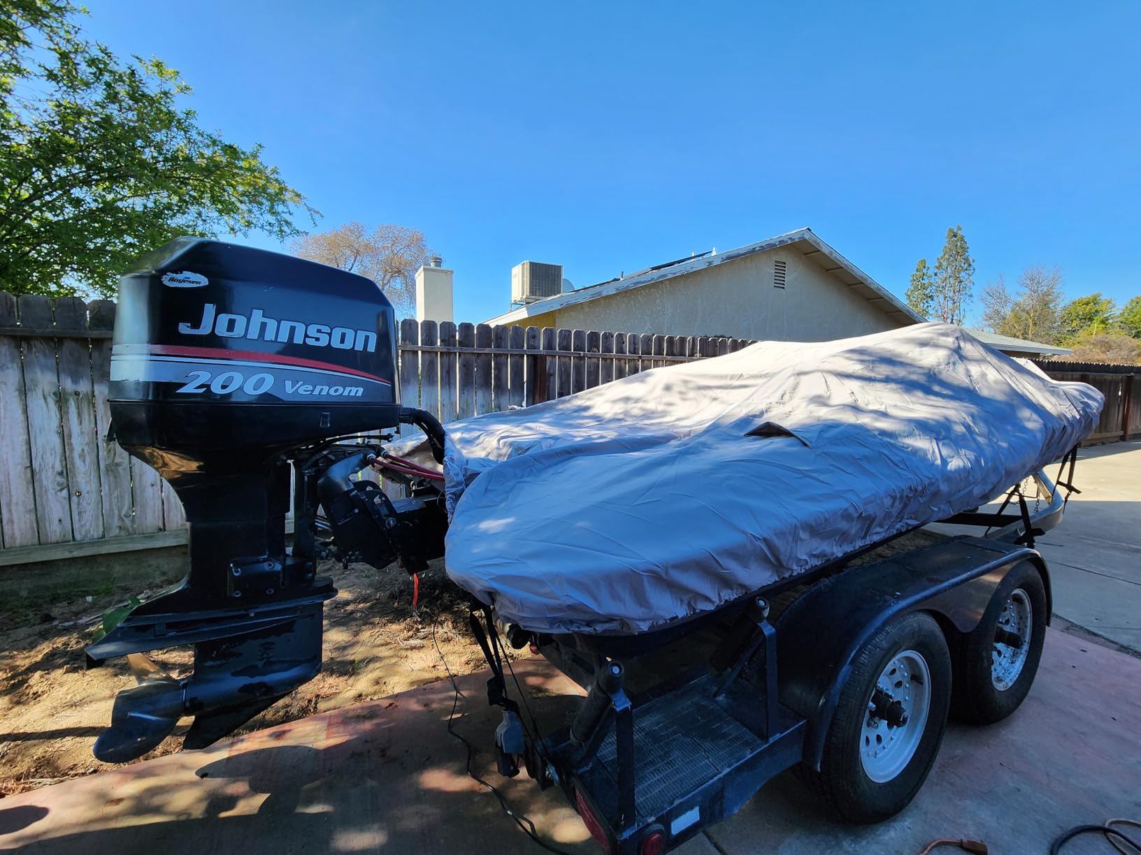 Solim Waterproof 1200D PU Boat Cover with Motor Cover, Heavy Duty Marine Grade Trailerable Polyester Canvas, Fits 17-19ft V-Hull, Runabout, Fishing, Ski Boat with Straps, Black customer photo 2