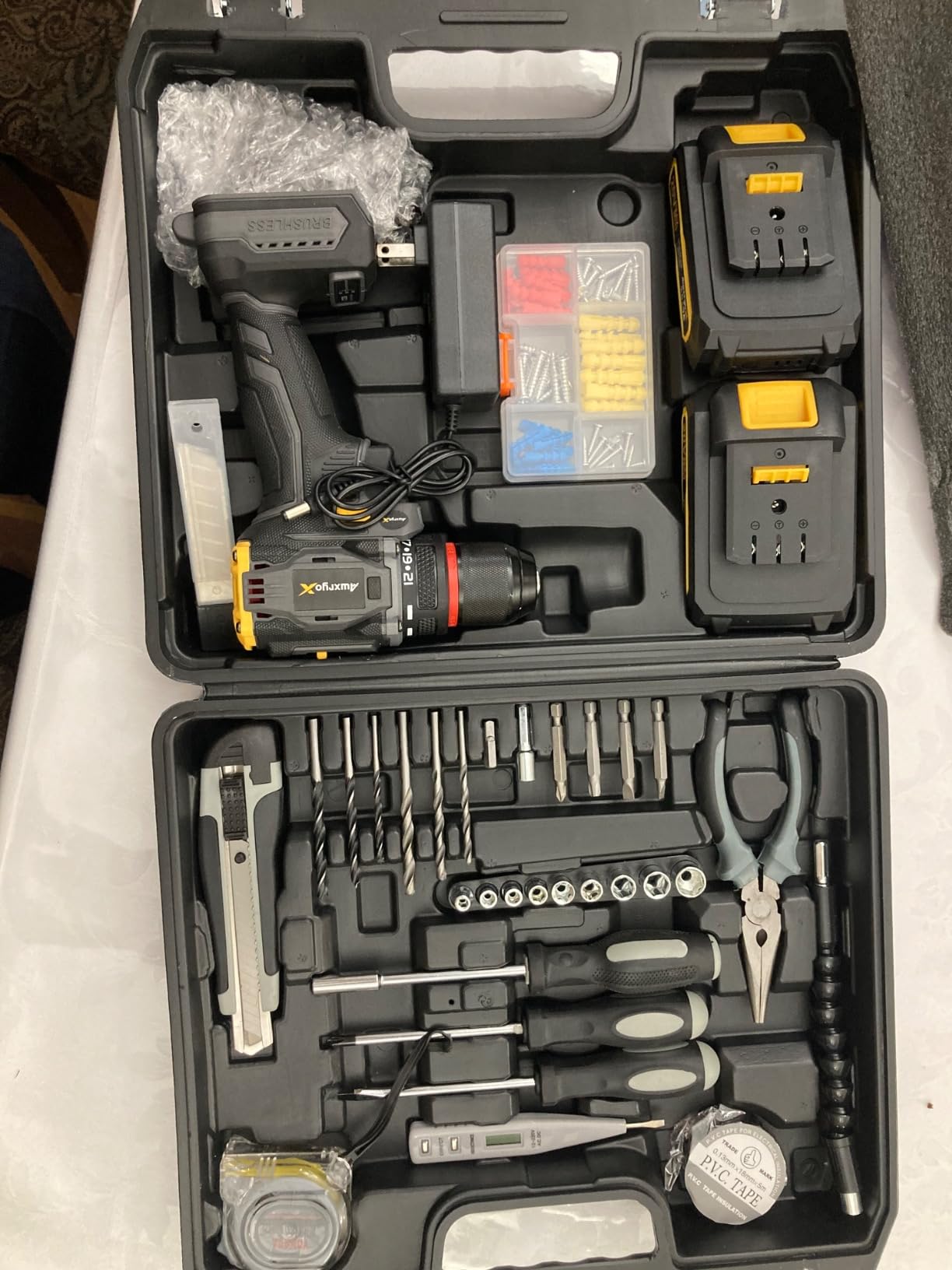 AwxryoX Brushless Compact Drill Tool Set, 60N.m 20V Cordless Drill Tool Box with 2 Battery, 135Pcs Man Household Combo Set with DIY Hand Taladros Kits, 531 In-lb Kit with Drill for Daily Home Repair customer photo 2