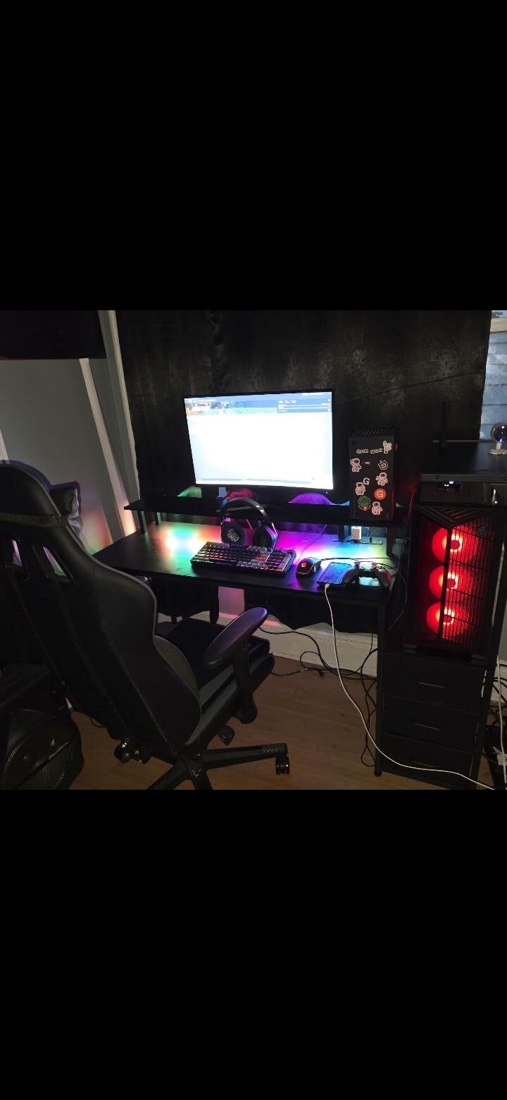 AODK 59 Inch Gaming Desk with LED Light- Reversible Computer Desk with Storage Shelves & Monitor Stand, Fabric Drawers Fits Compact PC Towers, Black customer photo 1