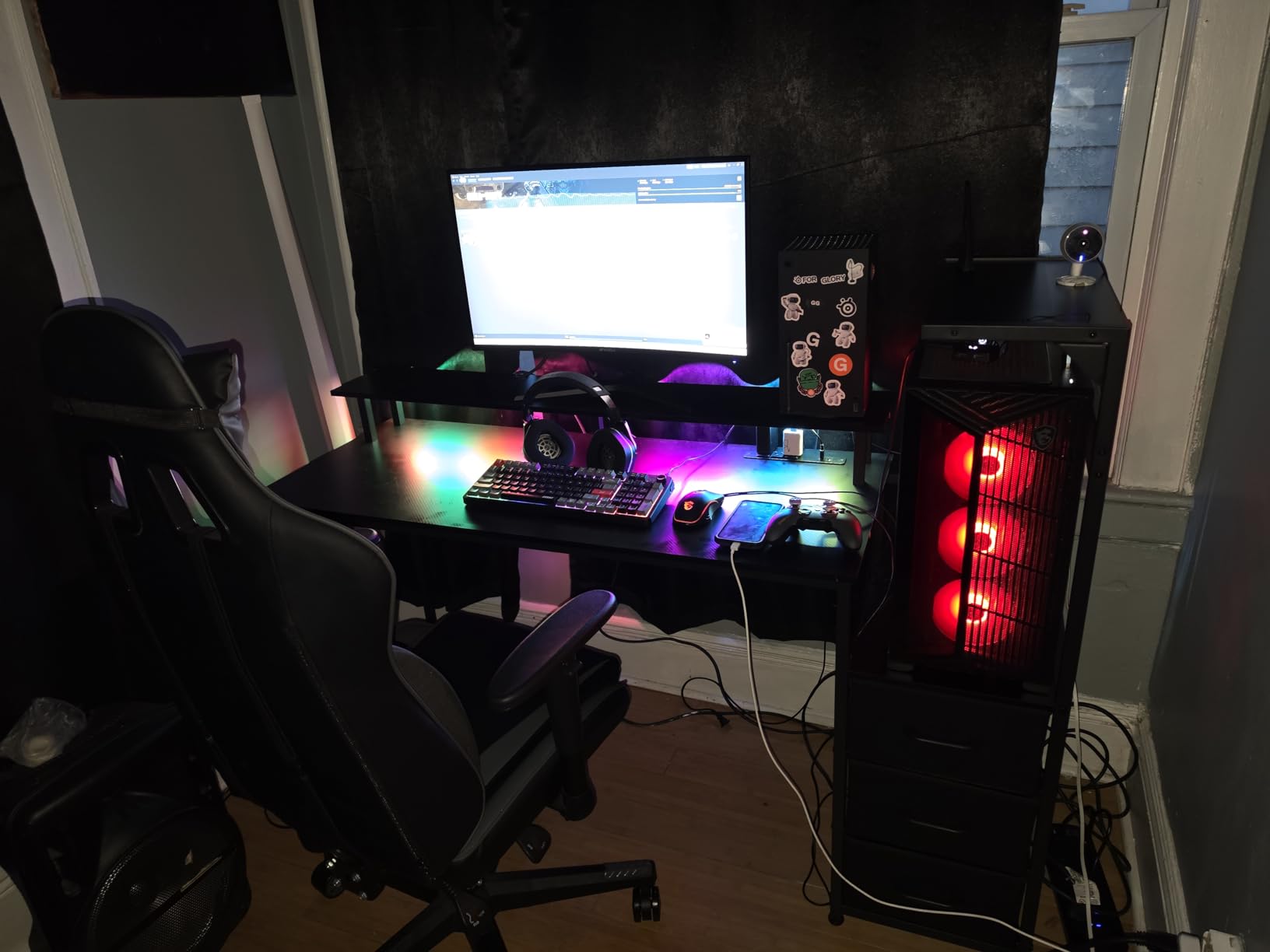 AODK 59 Inch Gaming Desk with LED Light- Reversible Computer Desk with Storage Shelves & Monitor Stand, Fabric Drawers Fits Compact PC Towers, Black customer photo 2
