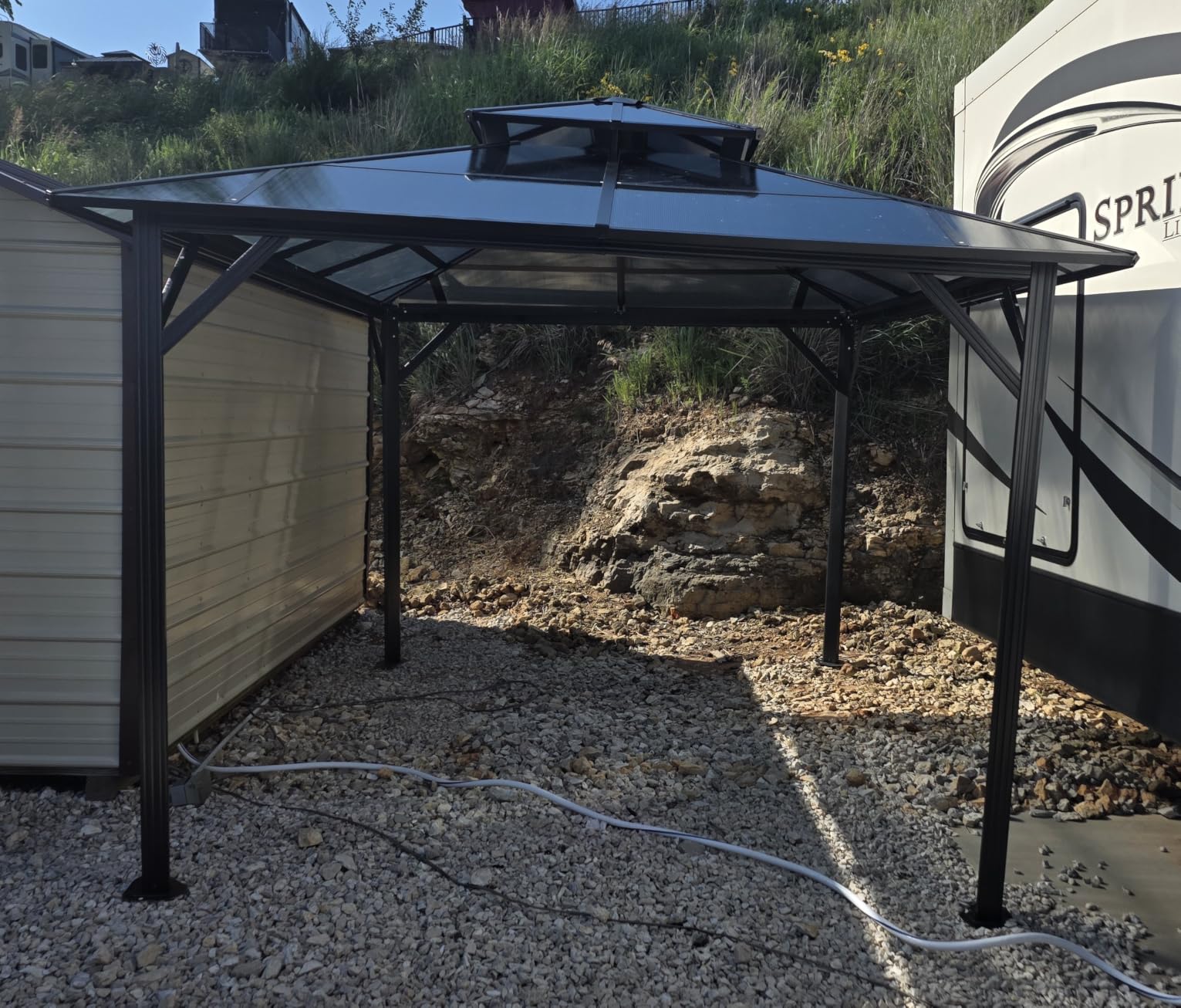 Aoxun 12'x10' Hardtop Gazebo, Metal Frame Permanent Pavilion with Curtains and Netting, Outdoor Polycarbonate Double Roof Canopy, Designed for Garden, Lawns, Patio, Brown customer photo 2