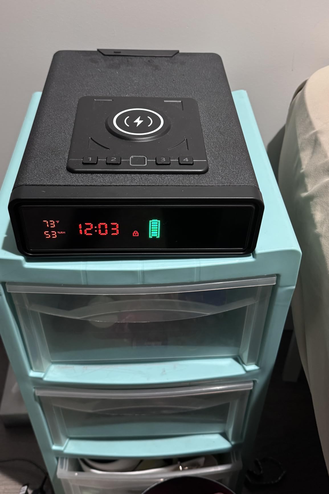 ORARAER Biometric Smart Gun Safe with Wireless Charging, 3 Quick Access Money Box with Fingerprint - Compact Bedside Drawer Safe, 24/7 Digital Clock handgun safe customer photo 1