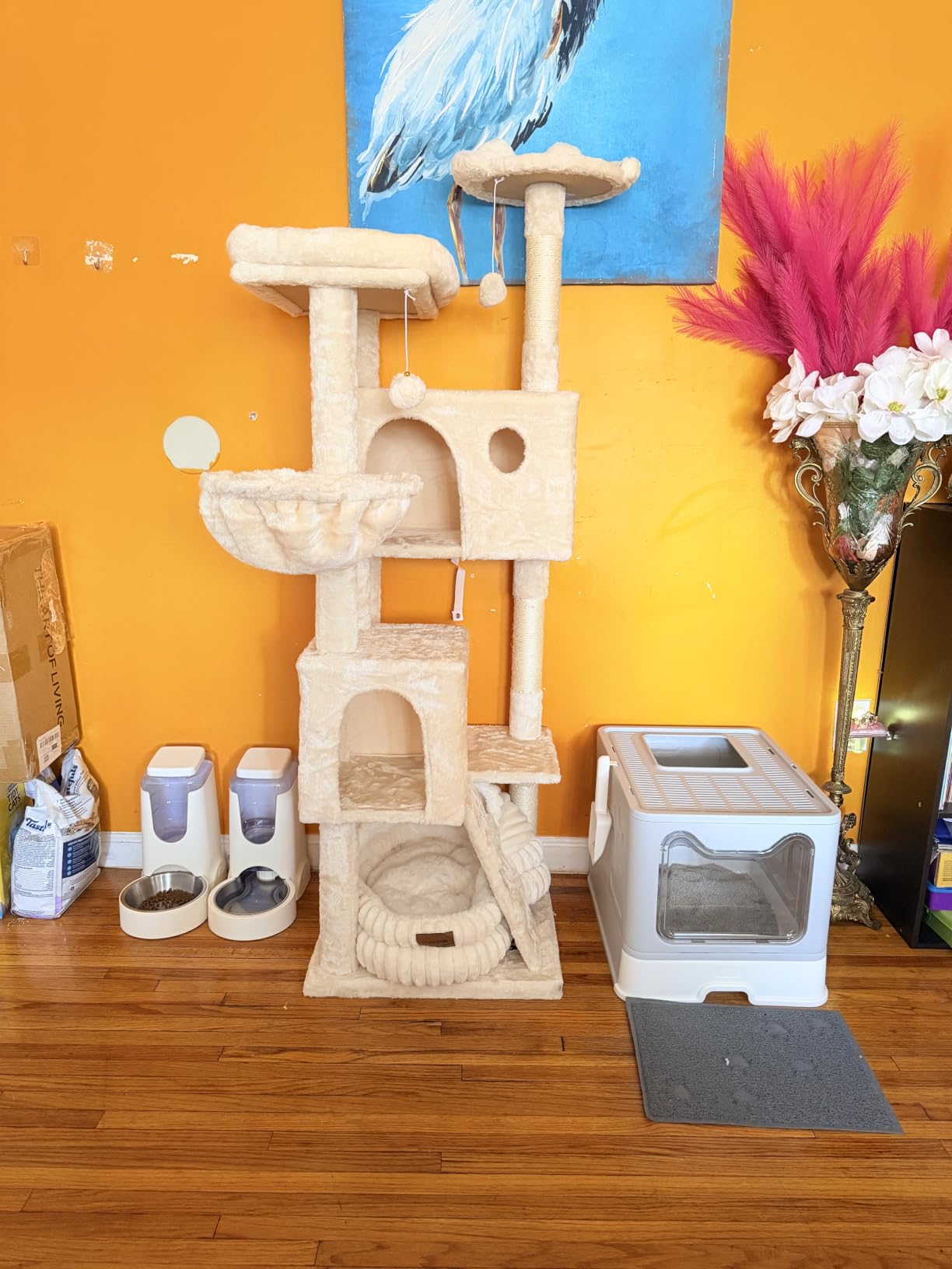 Allewie 64 Inches Cat Tree Tower/Multi-Level Activity Center for Indoor Big Felines/2 Plush Condos/2 Perchs/Basket/House/Sisal Scratching Posts/Hanging Cat Toys/Grey customer photo 2