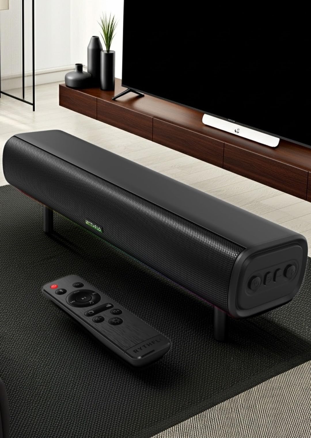 Rythflo 60W Bluetooth Sound Bar, 16 inch Compact TV Soundbar with Remote, 8 Flame Light Modes, Optical/ARC/AUX/RCA Connections, Wall-Mountable Home Theater Speaker for TV, PC, Projector, Gaming customer photo 1