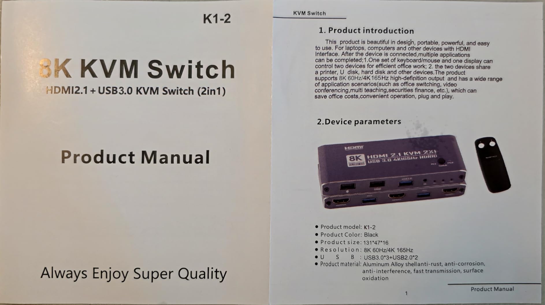 KVM Switch HDMI 2 in 1 Out for 1 Monitor 2 Computers, 8K@60Hz 4K@165Hz USB 3.0 Hub with IR Remote Control, Aluminum Alloy, HDR10 HDCP 2.2 customer photo 1