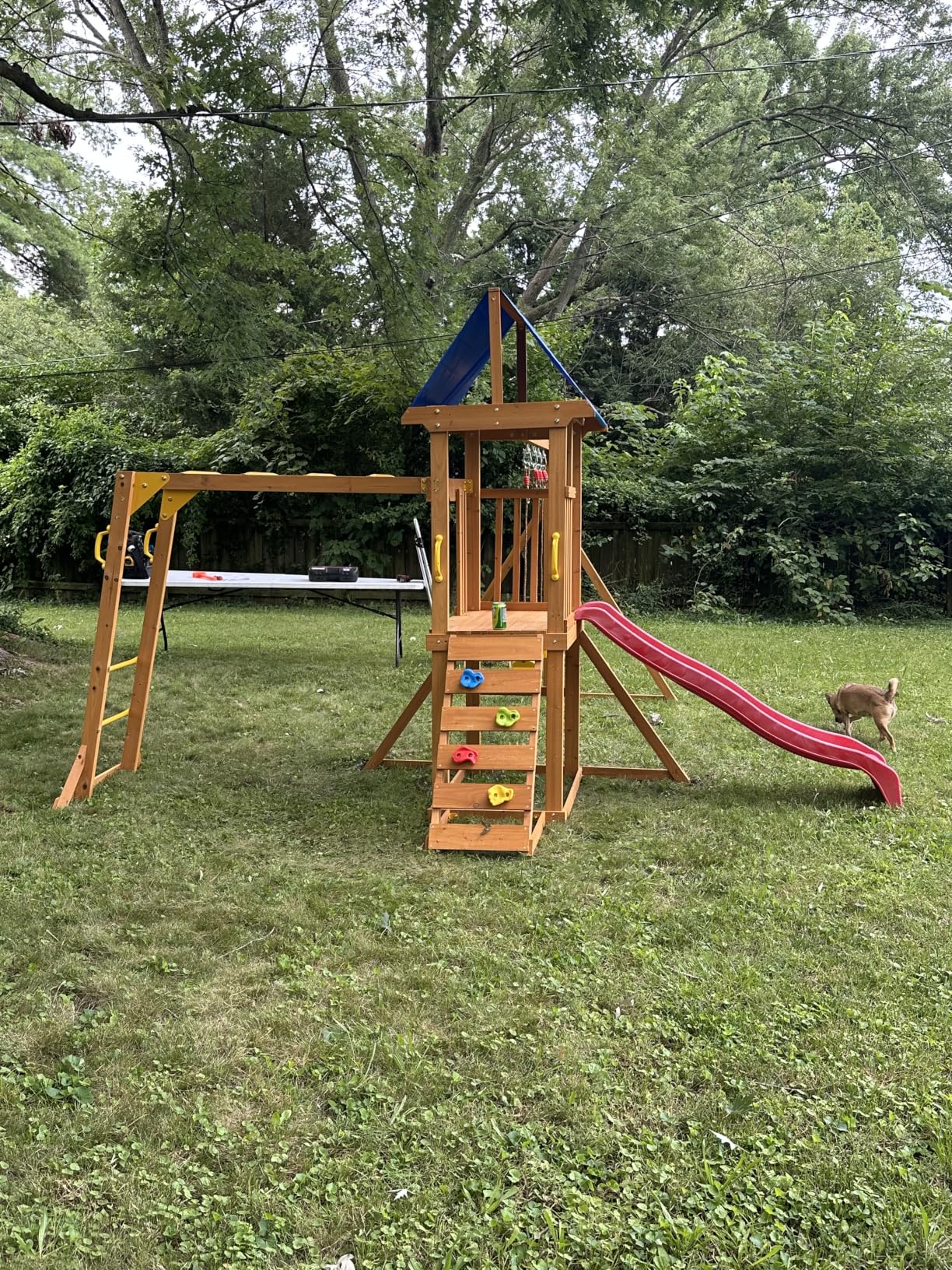 Wooden Swing Sets for Backyard, for Ages 3-6 | Kids Outdoor Playground Set with Monkey Bars, Wave Slide, 2 Belt Swings, Climbing Ladder, Rock Wall, Play Deck with Canopy customer photo 1