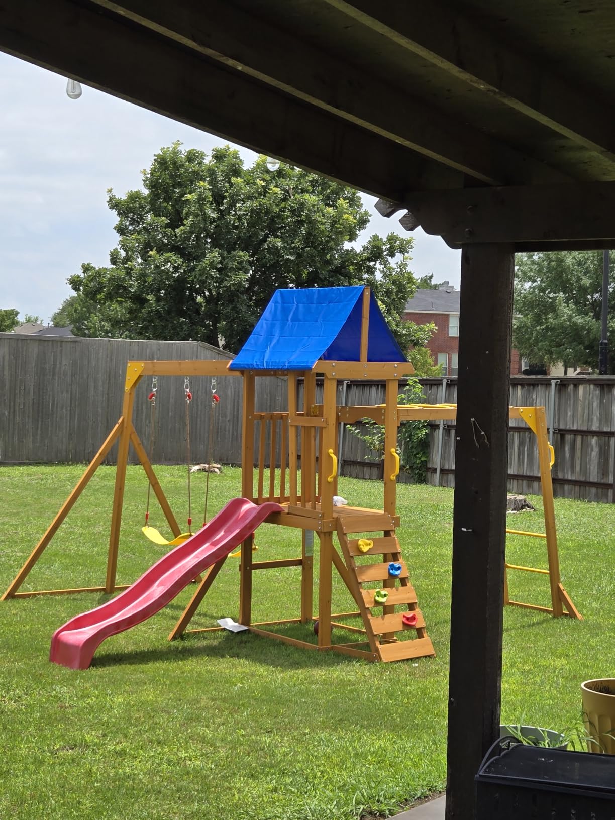 Wooden Swing Sets for Backyard, for Ages 3-6 | Kids Outdoor Playground Set with Monkey Bars, Wave Slide, 2 Belt Swings, Climbing Ladder, Rock Wall, Play Deck with Canopy customer photo 2