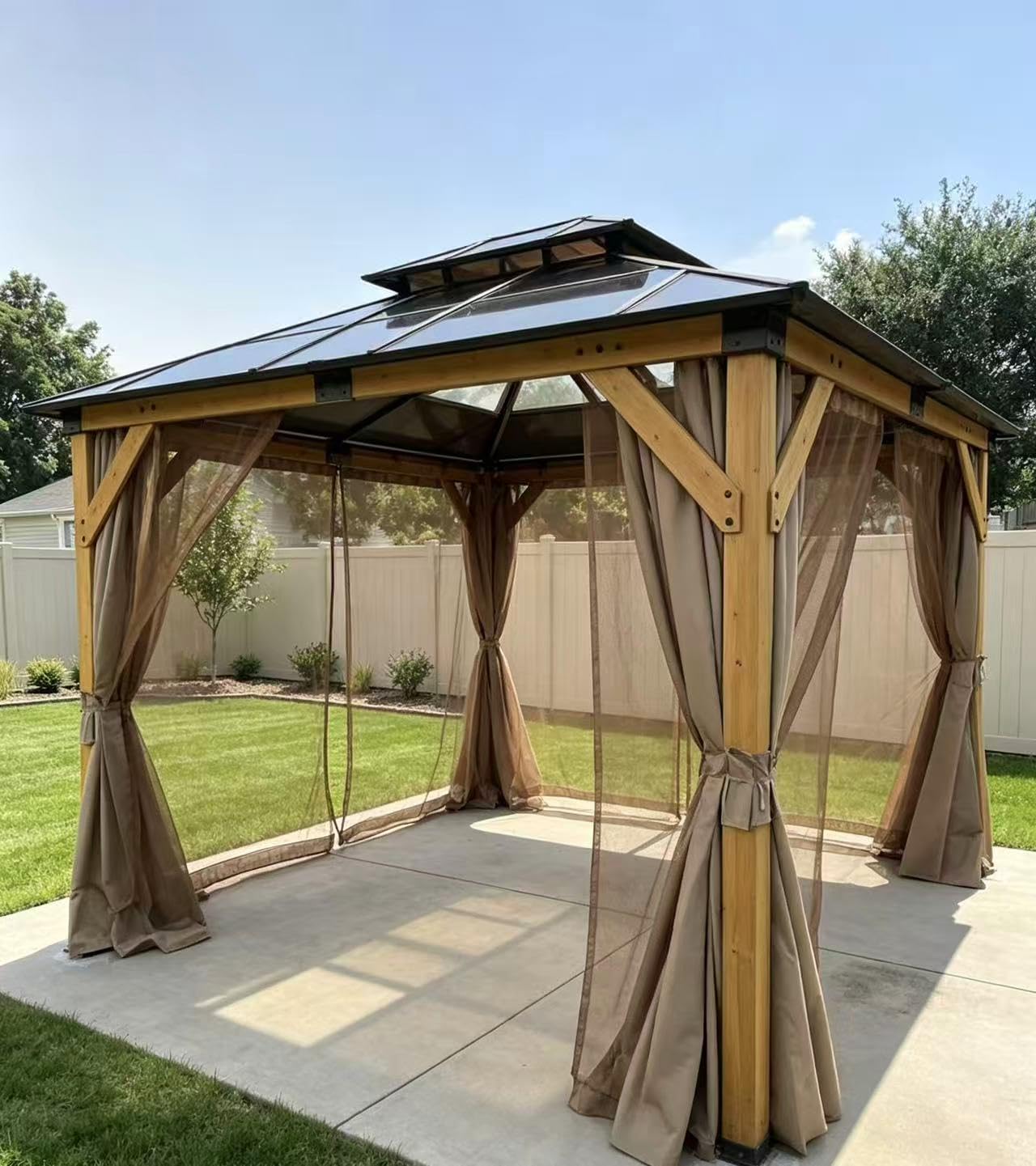 Aoxun 10' x 12' Wood Gazebo with Double Polycarbonate Roof, Outdoor Hardtop Gazebo, Permanent Wooden Pavilion with Breathable Netting and Privacy Curtain for Patio, Garden, Cedar Wood customer photo 1