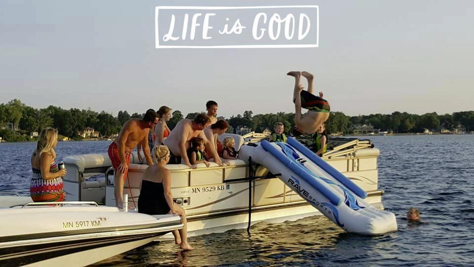 RAVE Sports Inflatable Pontoon Slide, 10 ft, Includes Large Grab Handles, Vinyl Step Insets, High Pressure Pump, Commercial Grade Inflation Valve, Heavy Duty Material, Safety Sides and Straps customer photo 1