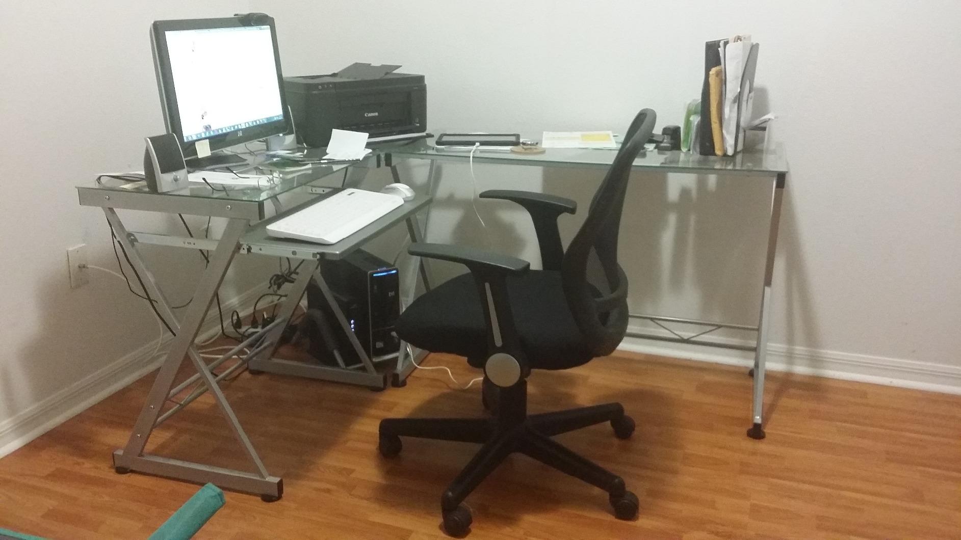 Techni Mobili L Shaped Desk with Keyboard Tray & Tempered Glass Desktop | Home Office, Corner Desk, Work From Home, Professional customer photo 1
