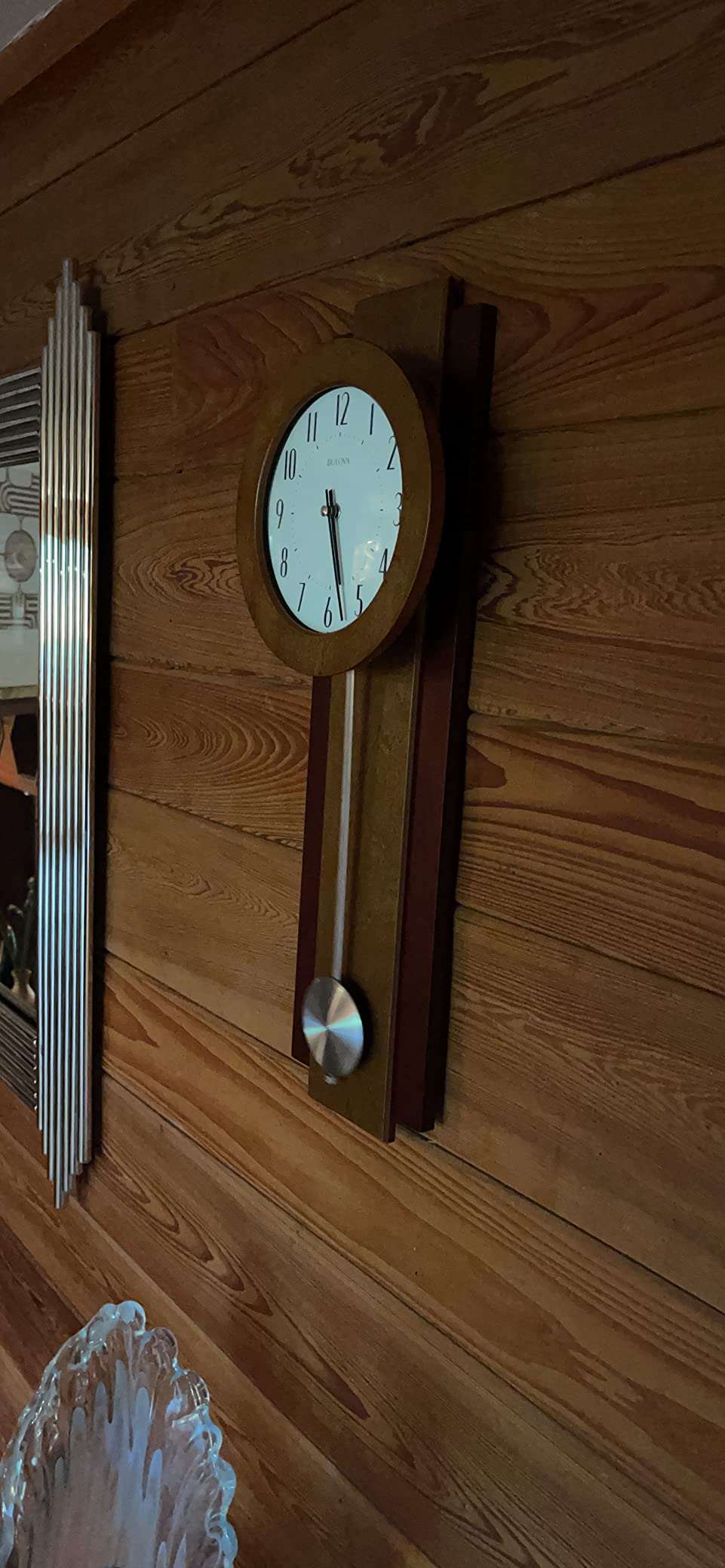 Bulova C3383 Avent Wall Clock | Two-Tone Wooden Case with Slow-Swing Pendulum | Arabic Numerals | Personalization Plate | 23.5