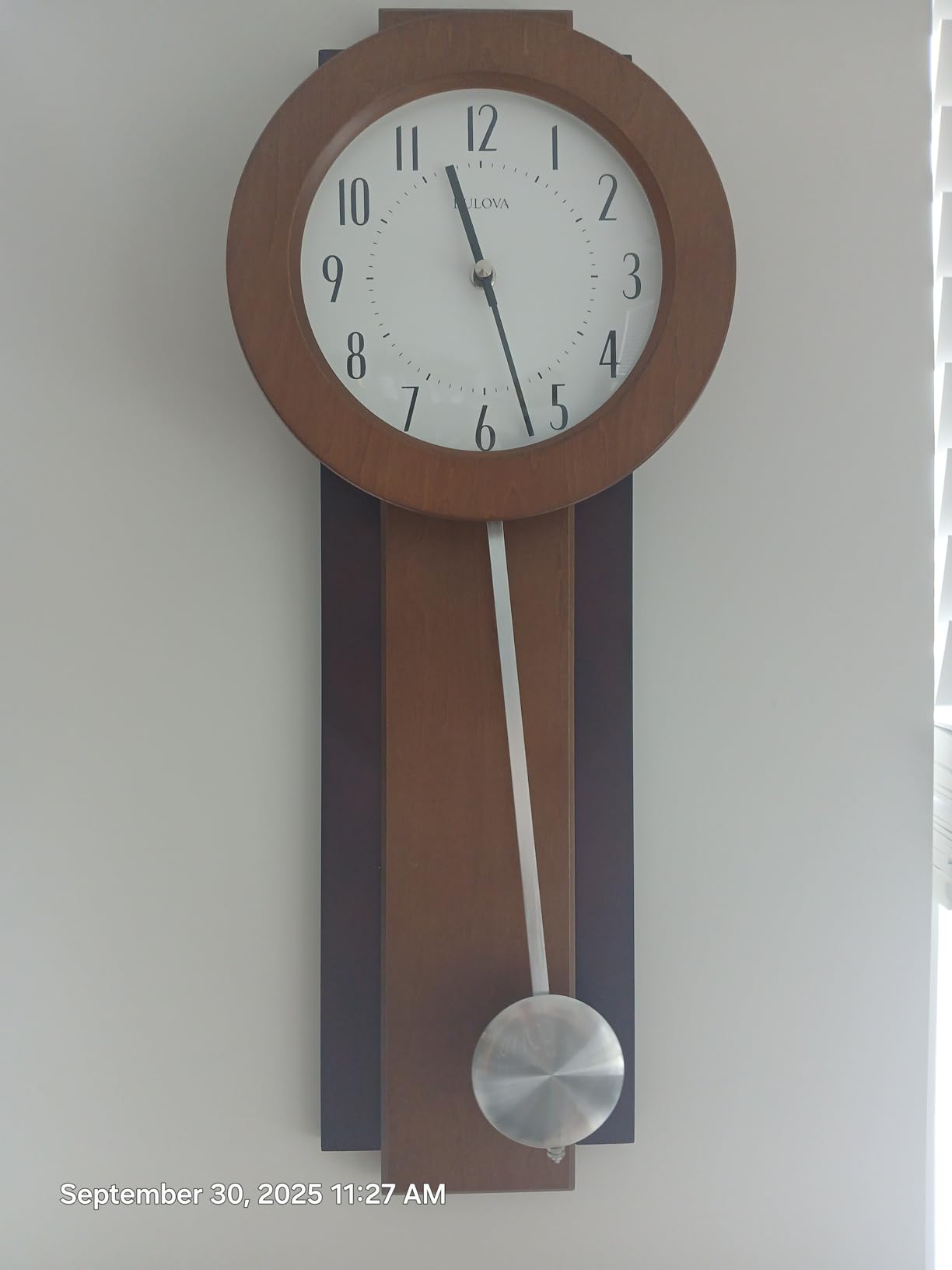 Bulova C3383 Avent Wall Clock | Two-Tone Wooden Case with Slow-Swing Pendulum | Arabic Numerals | Personalization Plate | 23.5
