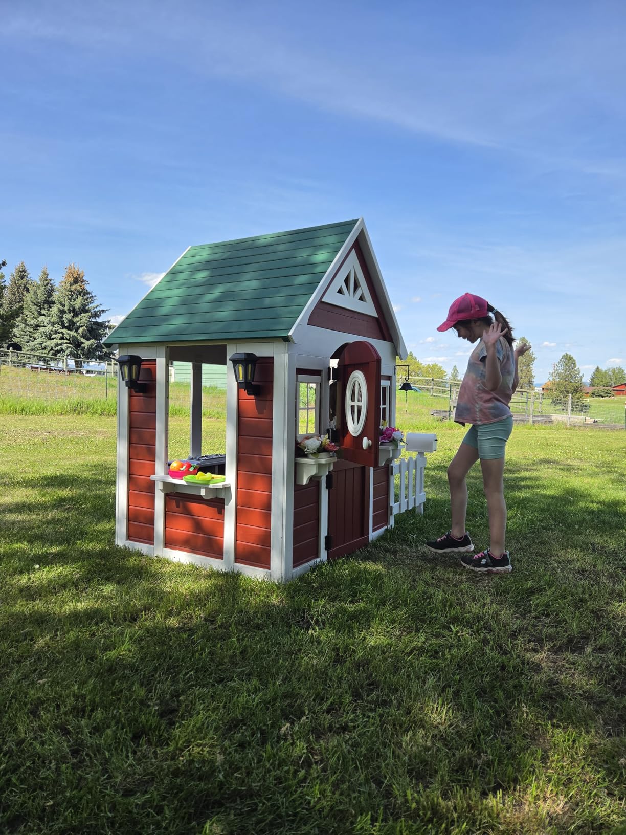 Backyard Discovery Aspen Cedar Wooden Kids Playhouse Cottage with Play Kitchen, Snack Bar, Picnic Bench, Dinner Bell, Mailbox, Dutch Door, Flowerpot Holders, Toy Lights, Country Style for Outdoor Play customer photo 2
