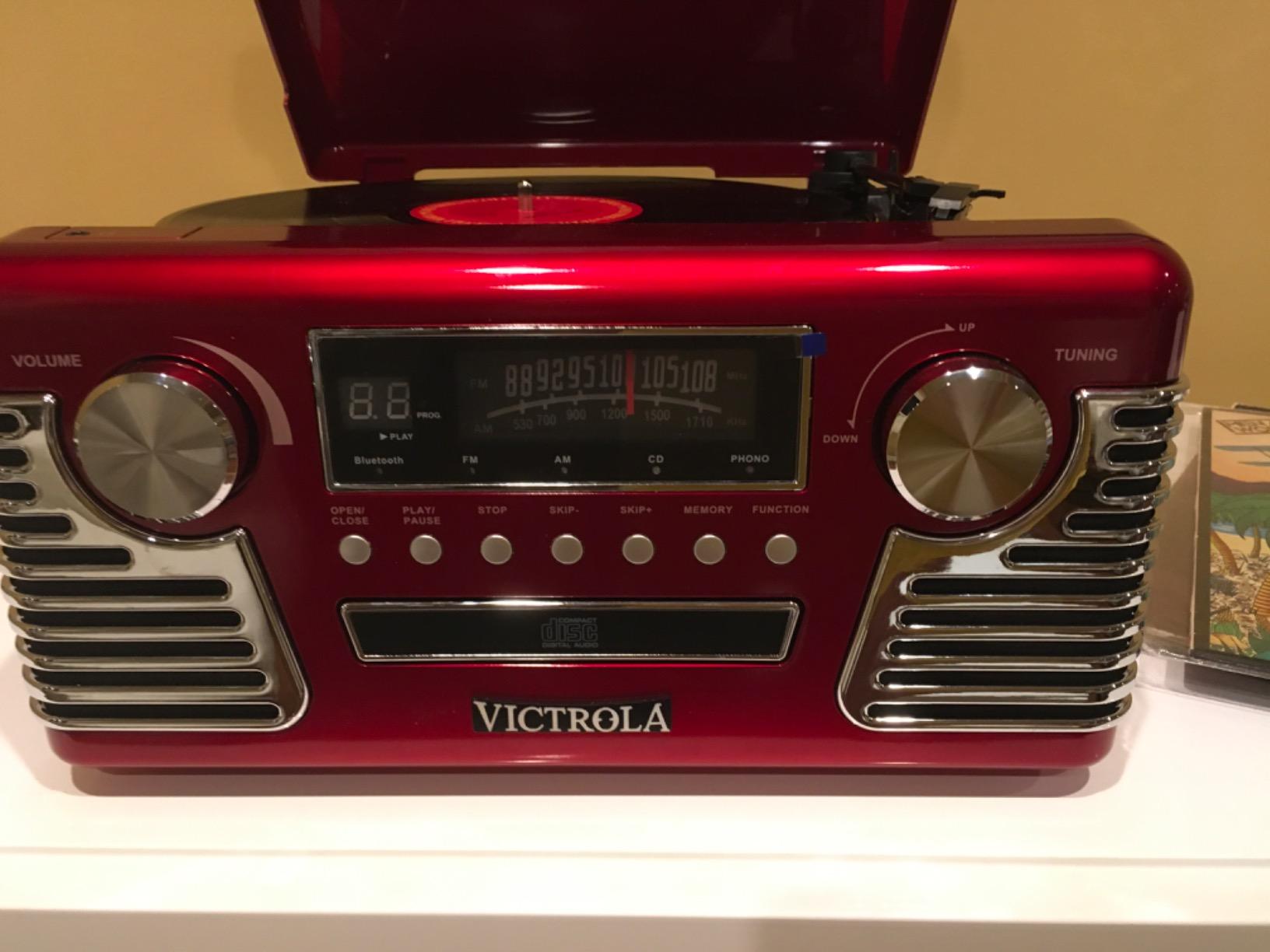 Victrola Haley - Retro Bluetooth Record Player with CD Player - Red | Plays vinyl, CD and AM/FM radio through built-in stereo speakers, 1950s retro design, Bluetooth and aux streaming customer photo 1