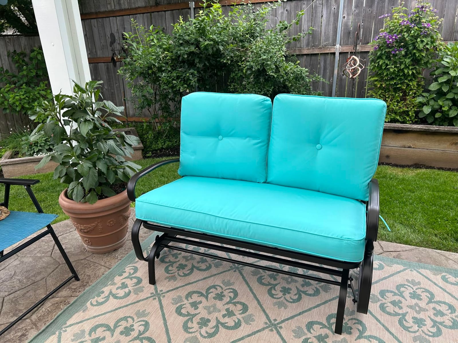 Giantex Outdoor Glider Bench, Patio 2 Person Loveseat with Removable Cushion, Thick Padded Seat, Stable Steel Frame, Outside Glider Swing Chair for Deck, Poolside, Yard, Balcony, Porch, Beige customer photo 1
