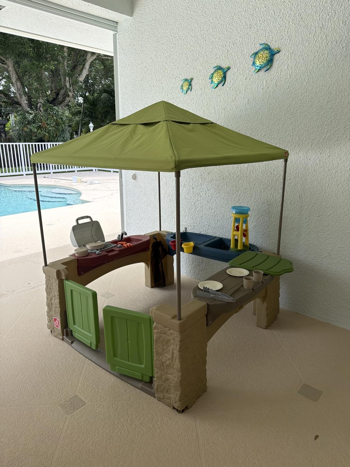 Step2 All Around Playtime Patio with Canopy Playset - Shaded Outdoor Playhouse for Kids with Realistic, Interactive Features, Room for Multiple Toddlers to Play - Dimensions: 60