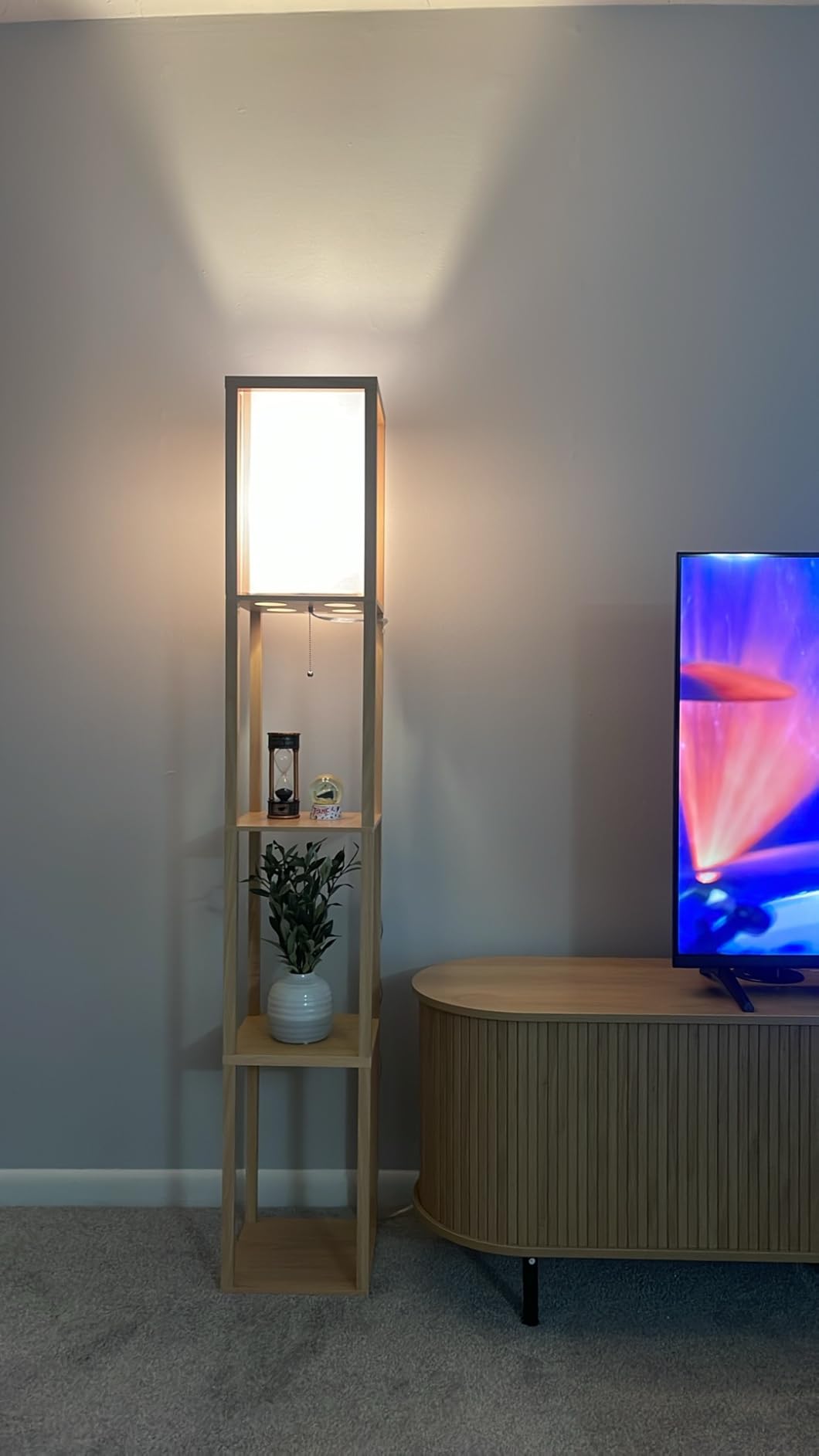 Brightech Maxwell - Modern Shelf Floor Lamp with Lamp Shade & Warm White LED Bulb, Corner Display Floor Lamp with Shelves for Living Room, Bedroom, Nightstand Office, Home Decor Storage - Natural Wood customer photo 2