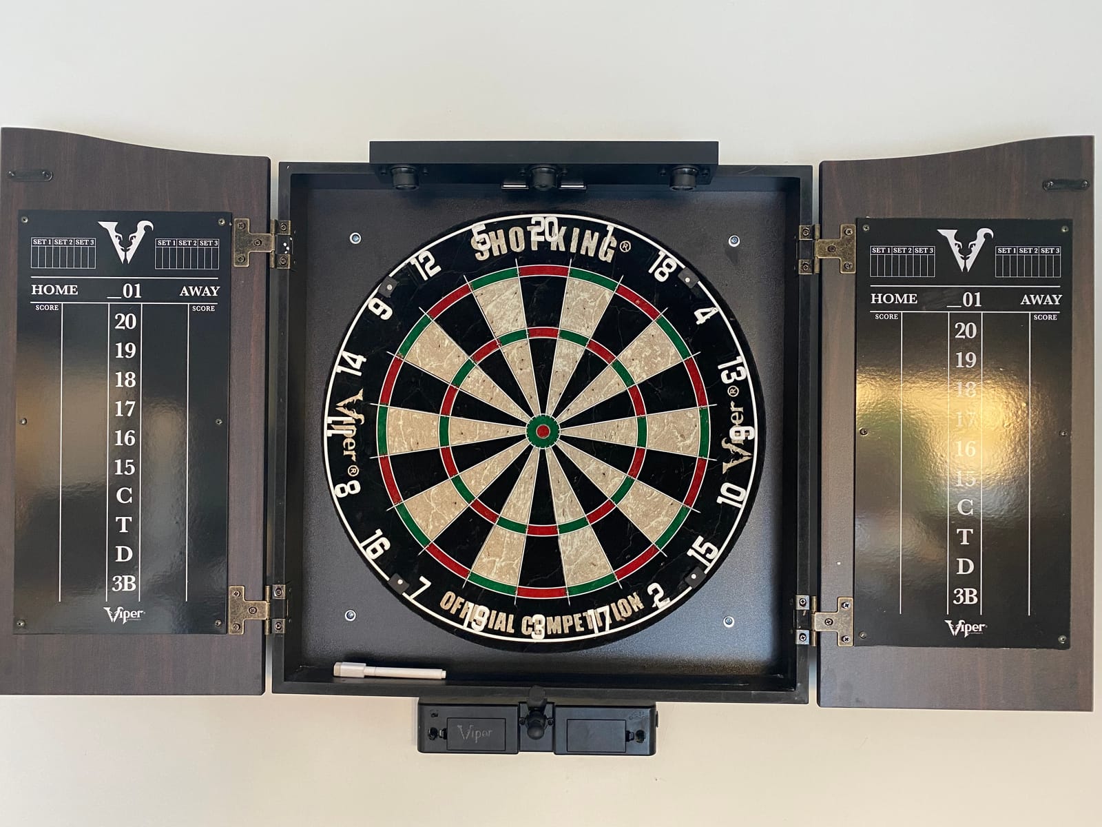 Viper by GLD Products Stadium Cabinet & Shot King Sisal/Bristle Dartboard Play-Ready Bundle with Two Sets of Steel-Tip Darts, Throw Line, and Dry Erase Scoreboards, Walnut Finish customer photo 1