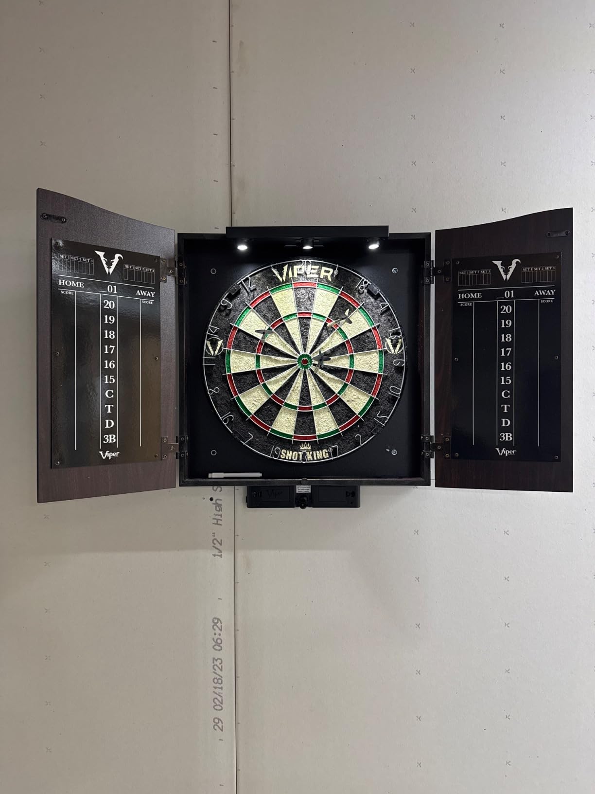 Viper by GLD Products Stadium Cabinet & Shot King Sisal/Bristle Dartboard Play-Ready Bundle with Two Sets of Steel-Tip Darts, Throw Line, and Dry Erase Scoreboards, Walnut Finish customer photo 2