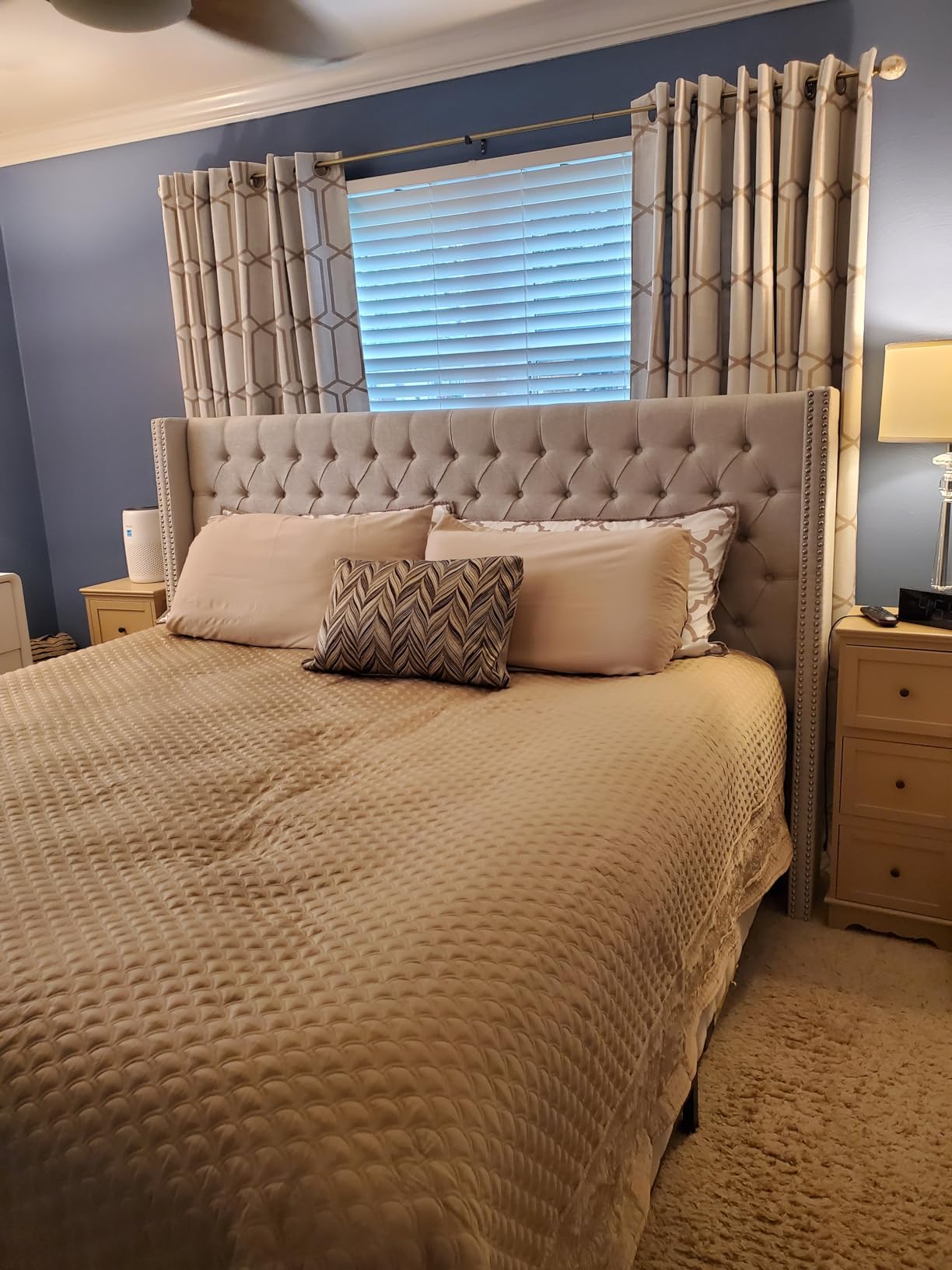 Madison Park Amelia Upholstered Headboard - Nail Head Trim Wingback Button Tufted - King, Cream customer photo 1
