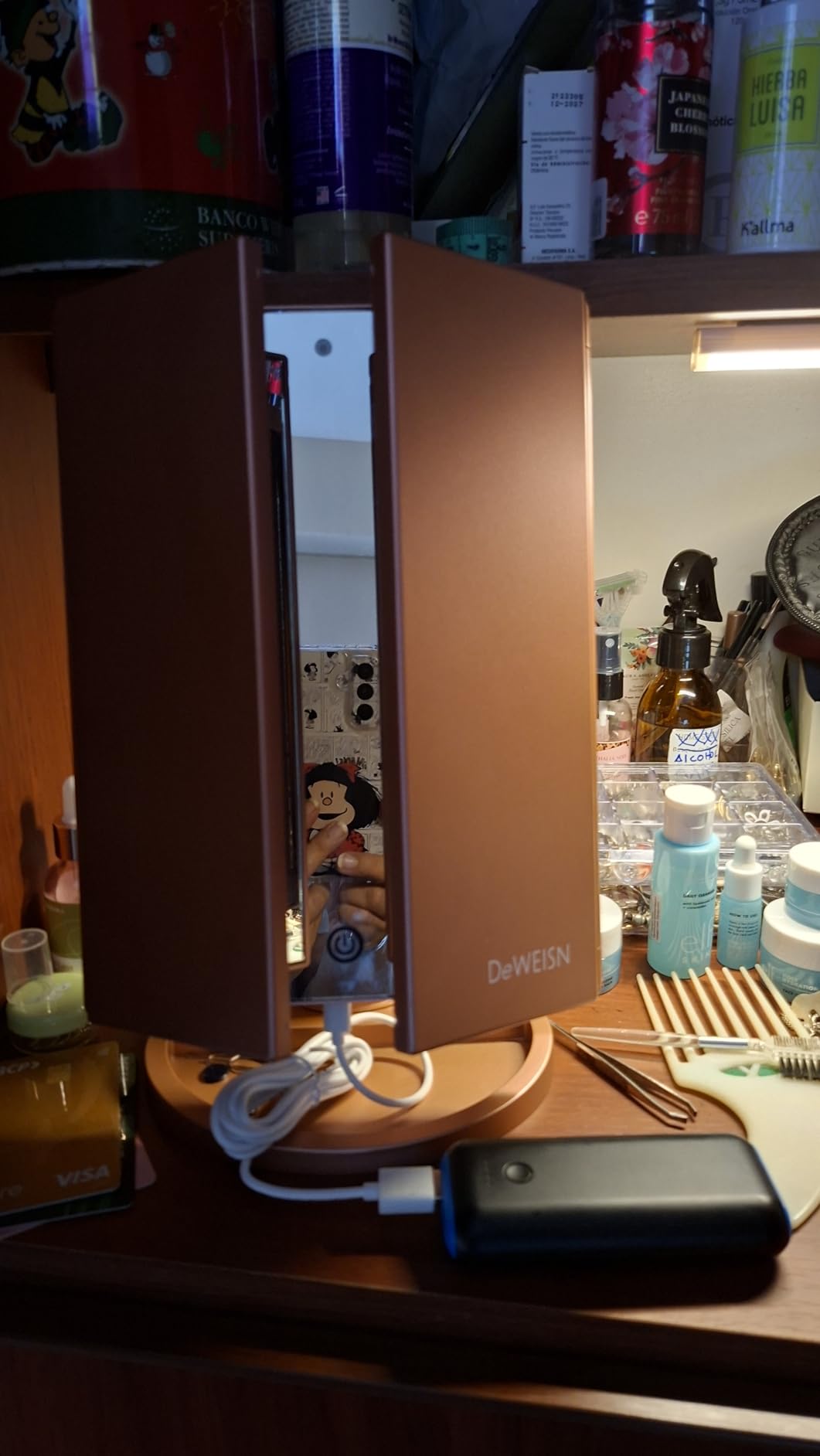 deweisn Dresser Mount Tri-Fold Lighted Vanity Mirror with 21 LED Lights, Touch Screen and 3X/2X/1X Magnification, Two Power Supply Modes Make Up Mirror, Travel Mirror customer photo 1