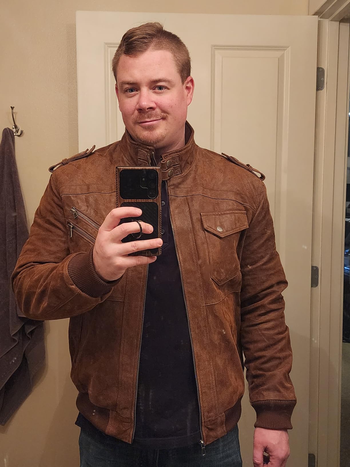 FLAVOR Men Brown Leather Motorcycle Jacket with Removable Hood | Genuine Leather, Removable Hood, Windproof, Multi Pockets, Fall Winter Coats, Riding and Daily Wear customer photo 1