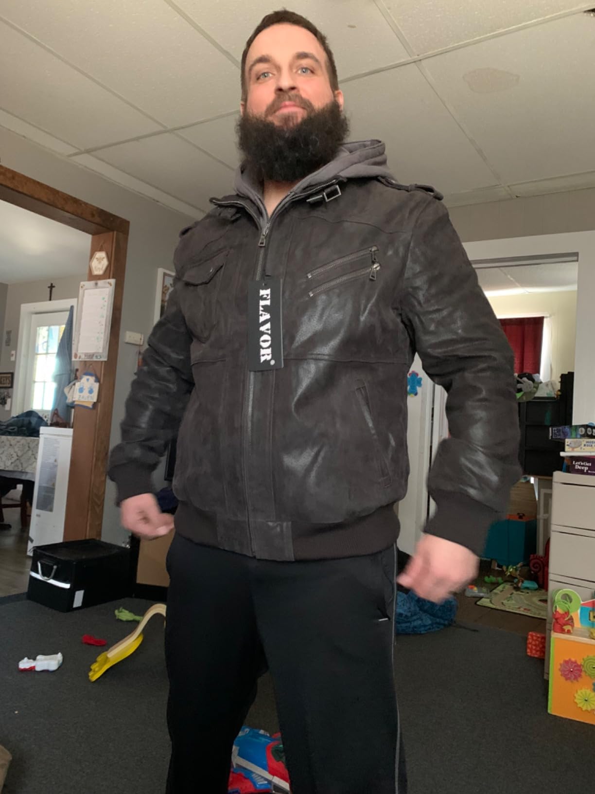 FLAVOR Men Brown Leather Motorcycle Jacket with Removable Hood | Genuine Leather, Removable Hood, Windproof, Multi Pockets, Fall Winter Coats, Riding and Daily Wear customer photo 2