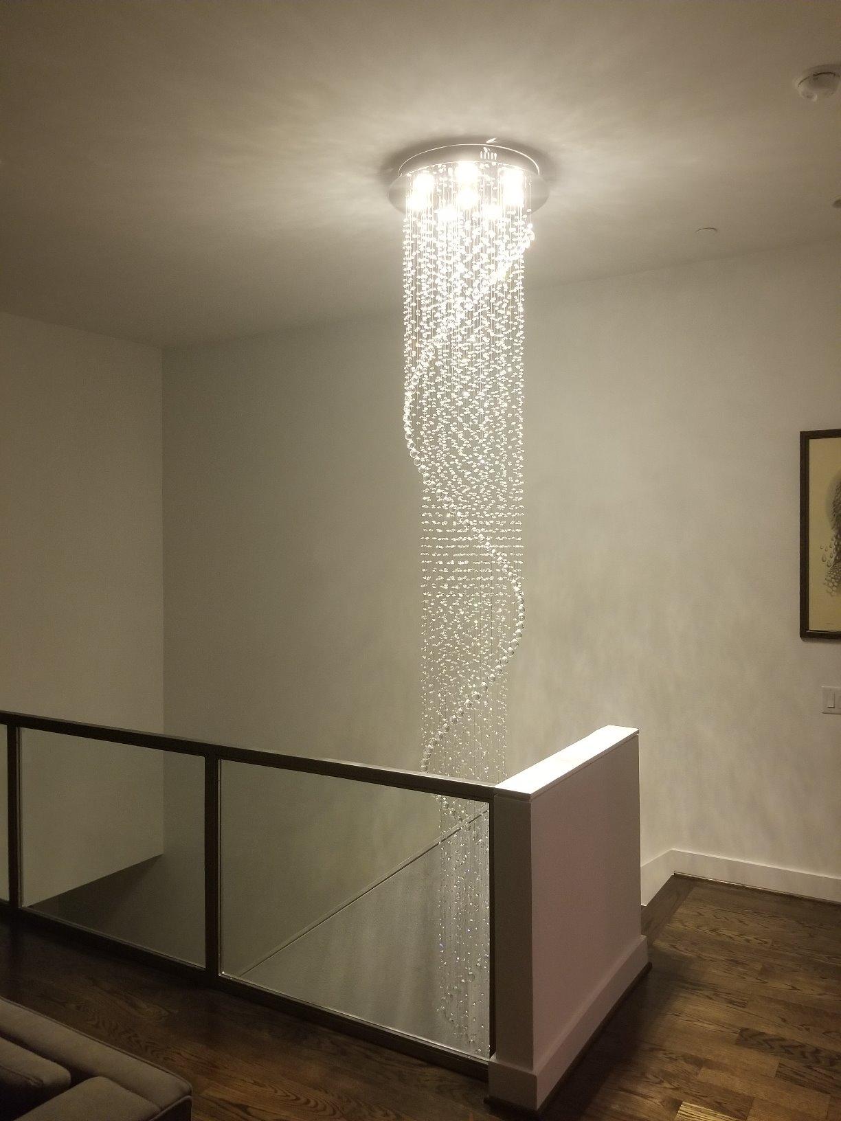 Siljoy Modern Foyer Chandeliers for High Ceiling, Large Staircase Chandelier with Spiral Sphere Design, Raindrop Crystal Chandelier Flush Mount Ceiling Light for Entryway Living Room W31.5 X H110 customer photo 2