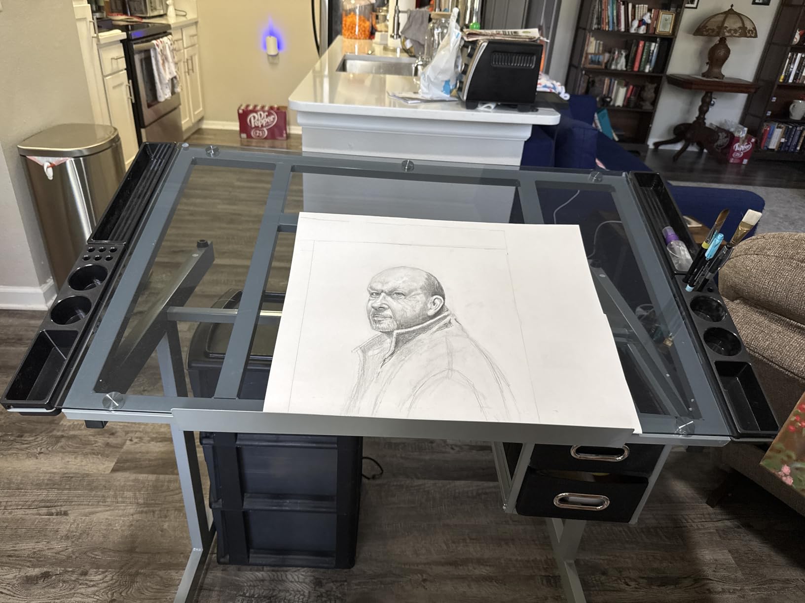 Yaheetech Glass Drafting Table with Storage, Adjustable Art Drawing Desk | Tempered glass top on a steel frame tilts 0-60 degrees for drawing, tracing, or diamond art, plus two fabric drawers and side trays. customer photo 1