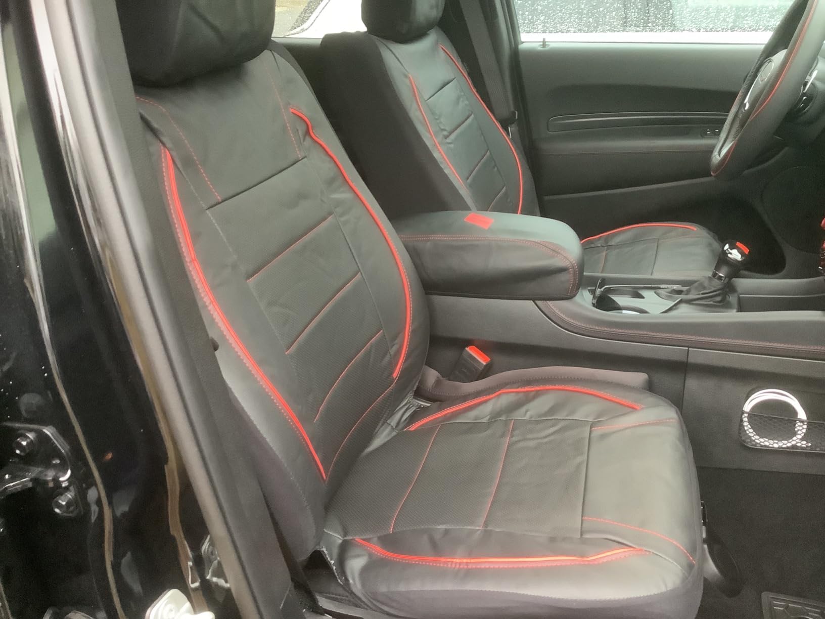 CAR PASS Universal FIT Piping Leather Two Front Seat Covers, Waterproof Faux Leather for SUV Sedan Van Truck, Airbag Compatible,Reserved Opening Holes for Headrest Covers. (Black red) customer photo 2