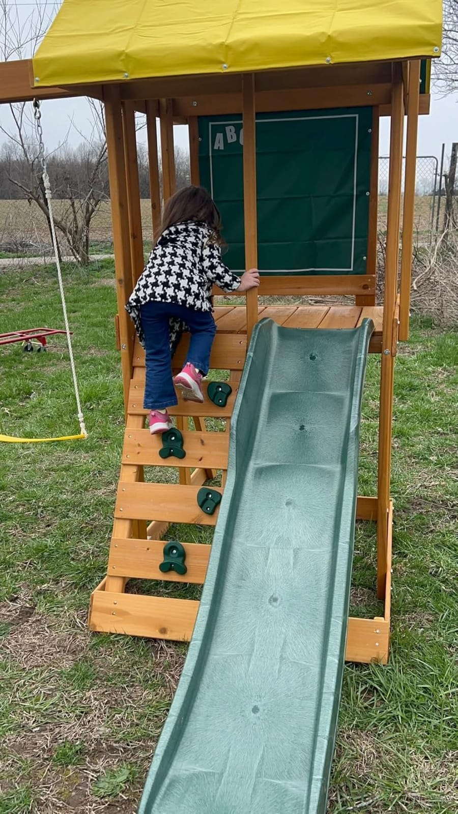 KidKraft Appleton Wooden Swing Set, (Amazon Exclusive) | Rock Wall, Wavy Slide, Vinyl Canopy, 2 Swings, Sandbox Area, For Ages 3+ customer photo 1