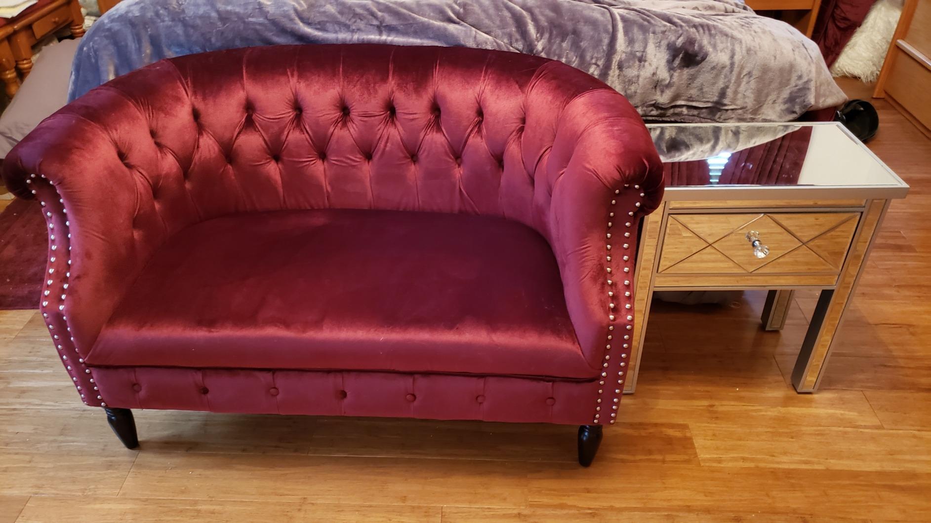 GDFStudio Melaina Tufted Chesterfield Velvet Loveseat with Scrolled Arms, Garnet and Dark Brown customer photo 1