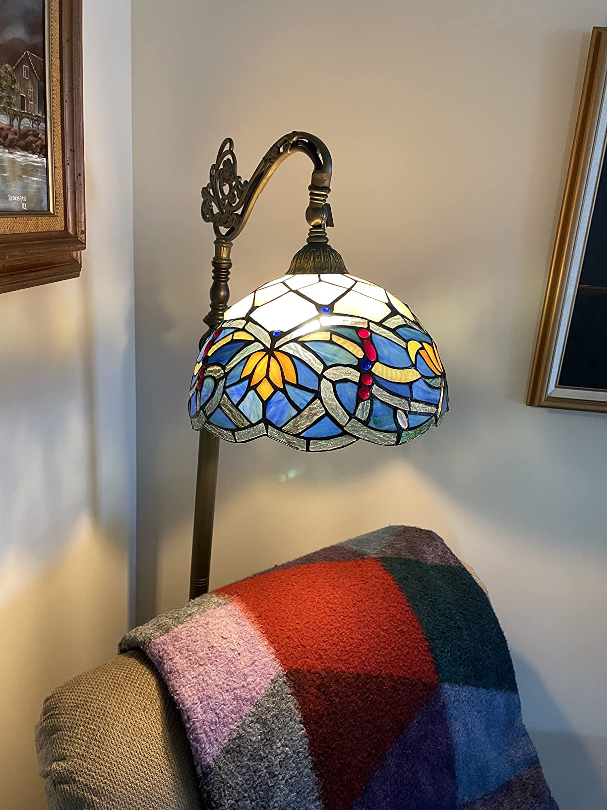 WERFACTORY Tiffany Floor Lamp Blue Lotus Flower Stained Glass Arched Lamp 12X18X64 Inch Gooseneck Adjustable Corner Standing Reading Light Decor Bedroom Living Room S220 Series customer photo 1