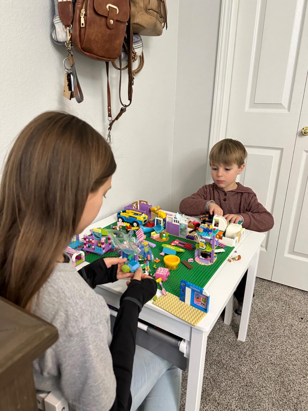 UTEX 2 in 1 Kids Construction Play Table and Chairs Compatible with Lego | Wooden Kids Building & Activity Table Set with Pull-Out Fabric Drawer, Reversible Tabletop, Water-based Paint, Smooth Edges customer photo 2