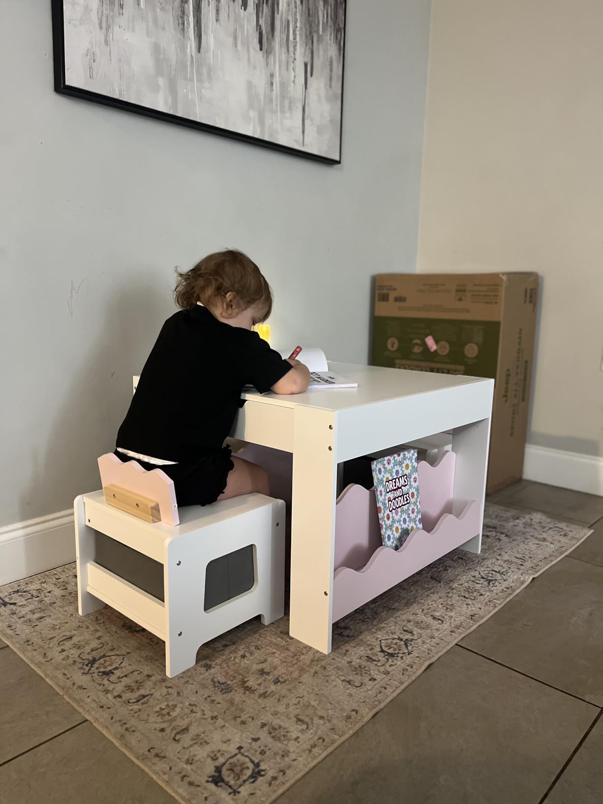 Costzon Kids Table and Chairs, 3 in 1 Art & Craft Toddler Table Set | Wooden Activity Desk Set w/ Reversible Tabletop & Multiple Storage Space, for Children Drawing, Reading, Playing (Natural) customer photo 2