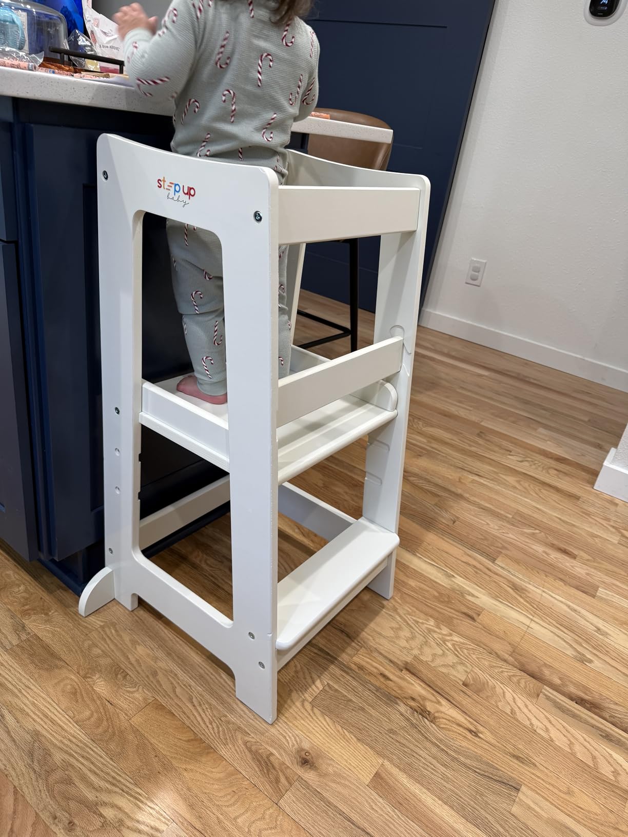 Toddler Tower 3-Level Adjustable Wooden Toddler Step Stool White | Toddler Standing Tower with 3 Height Levels, Fits under Counter, Comes with Child-safe Knife & Chopping Board, for 18M - 4Y customer photo 1