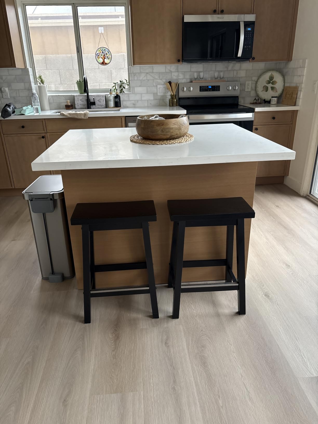 Amazon Basics Solid Wood Saddle-Seat Counter Height Bar Stools for Kitchen Island with Footrest, 24-Inch Height, Walnut, Set of 2 customer photo 1