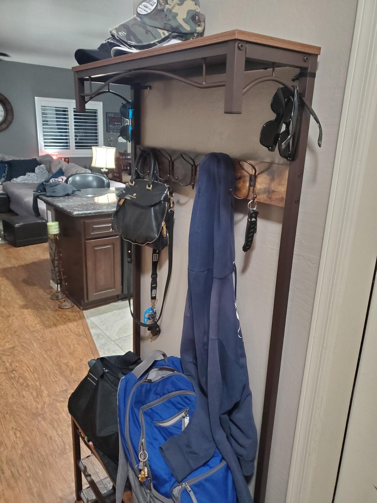 VASAGLE Coat Rack and Storage Bench, Hall Tree with 9 Hooks, Steel Frame, Pipe Style, Rustic Brown and Black, 16.3 x 39.4 x 71.7 Inches, DALSON Collection customer photo 2