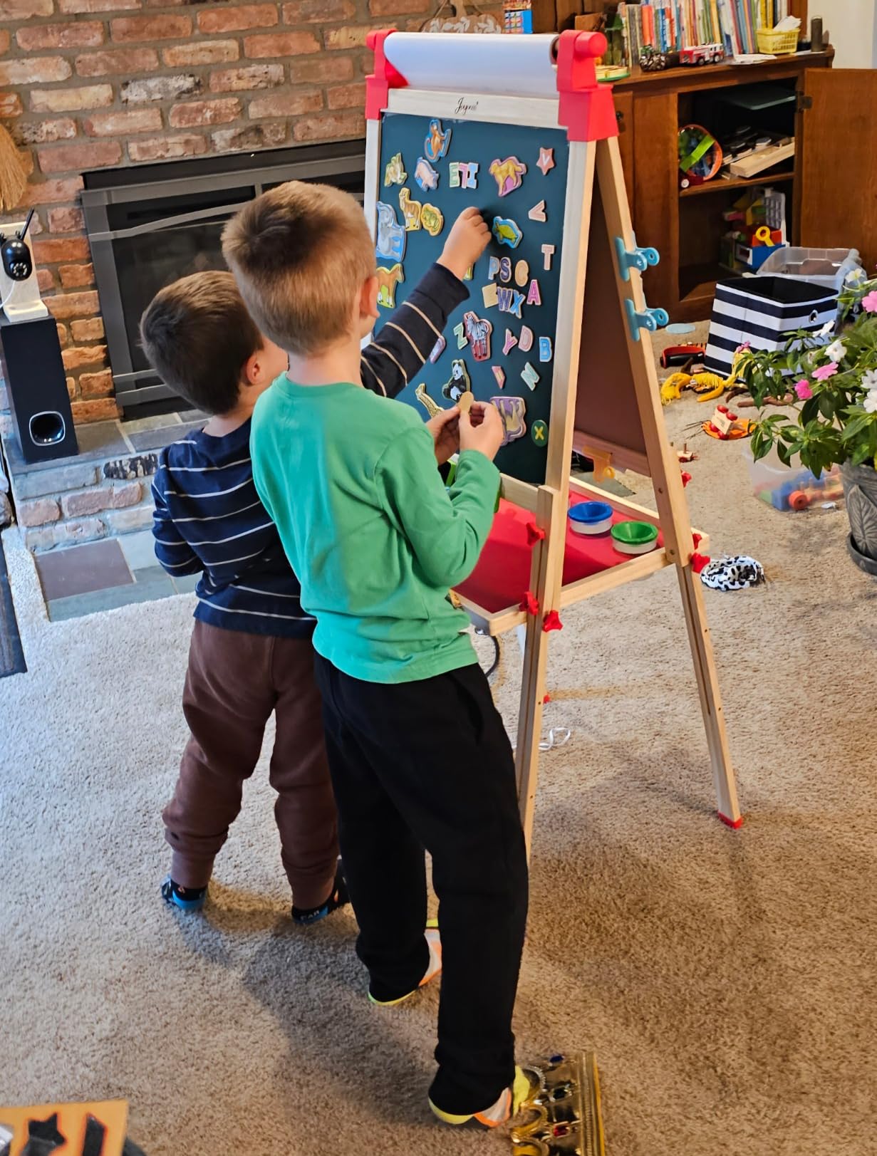 JOYOOSS Kids Wooden Easel with Paper Roll - Adjustable Magnetic Double Sided Drawing Board Whiteboard & Chalkboard Dry Easel Board,Children Art Easel for 3~12 Years Kids Boys Girls Painting Drawing customer photo 1