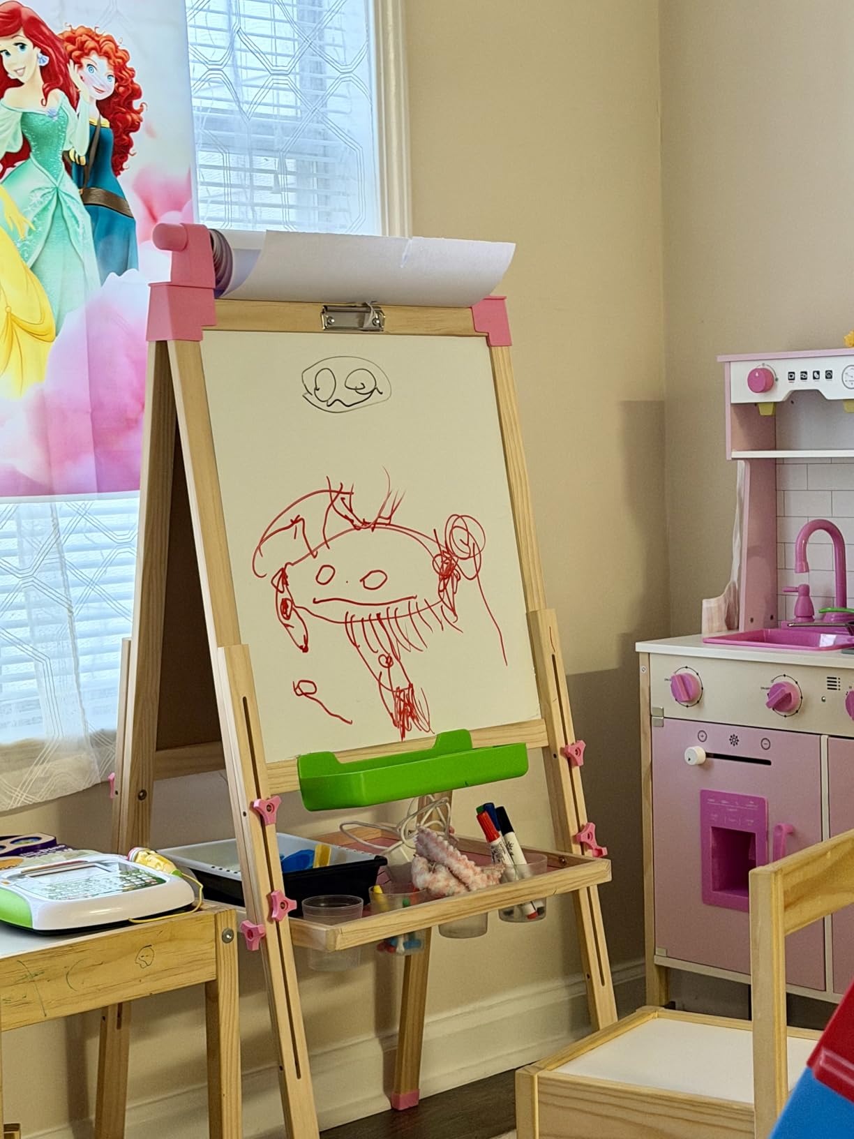 JOYOOSS Kids Wooden Easel with Paper Roll - Adjustable Magnetic Double Sided Drawing Board Whiteboard & Chalkboard Dry Easel Board,Children Art Easel for 3~12 Years Kids Boys Girls Painting Drawing customer photo 2