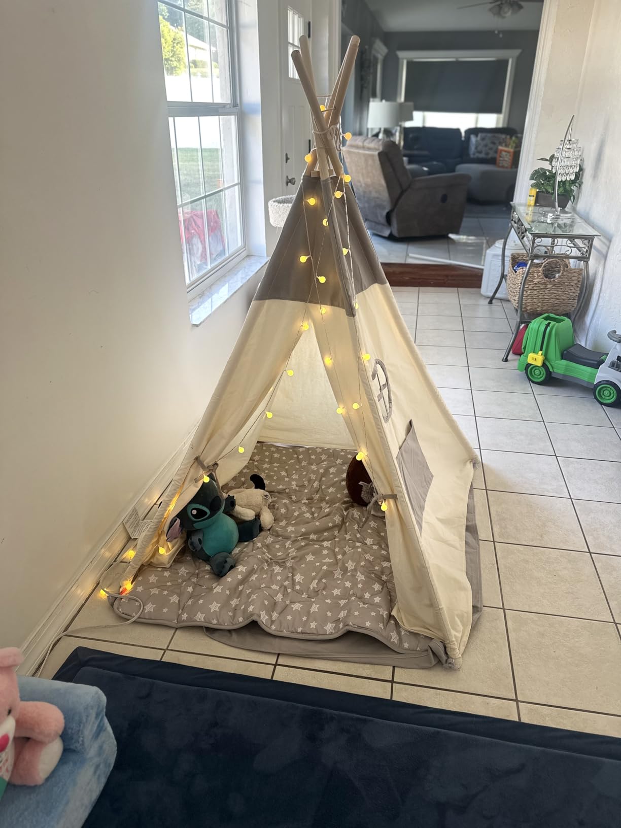 besrey Teepee Tent for Kids, Cotton Canvas Play Tent with Lights & Mat, Sturdy Toddler Tipi Tent Playhouse for Boys Girls, Foldable Indoor Outdoor Camping Reading Hideaway | 47.2