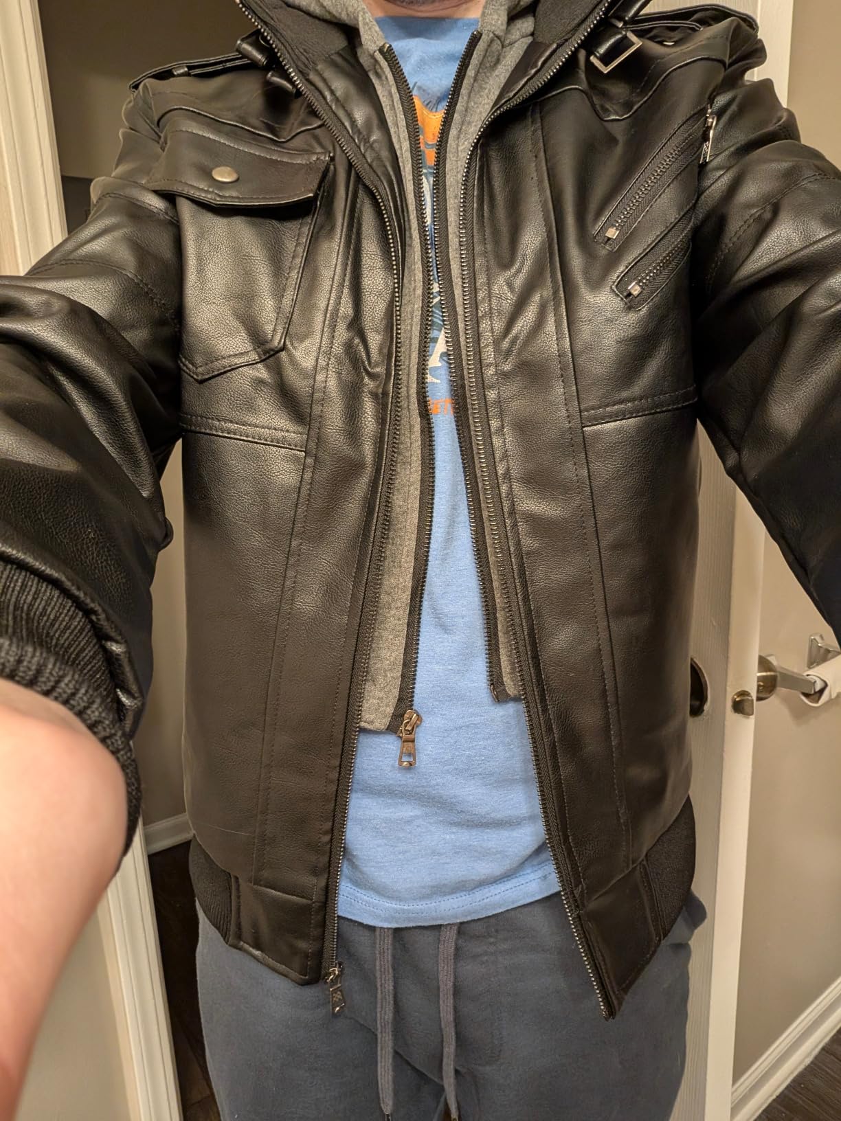 HOOD CREW Men's Casual Stand Collar PU Faux Leather Zip-Up Motorcycle Bomber Jacket With a Removable Hood customer photo 2