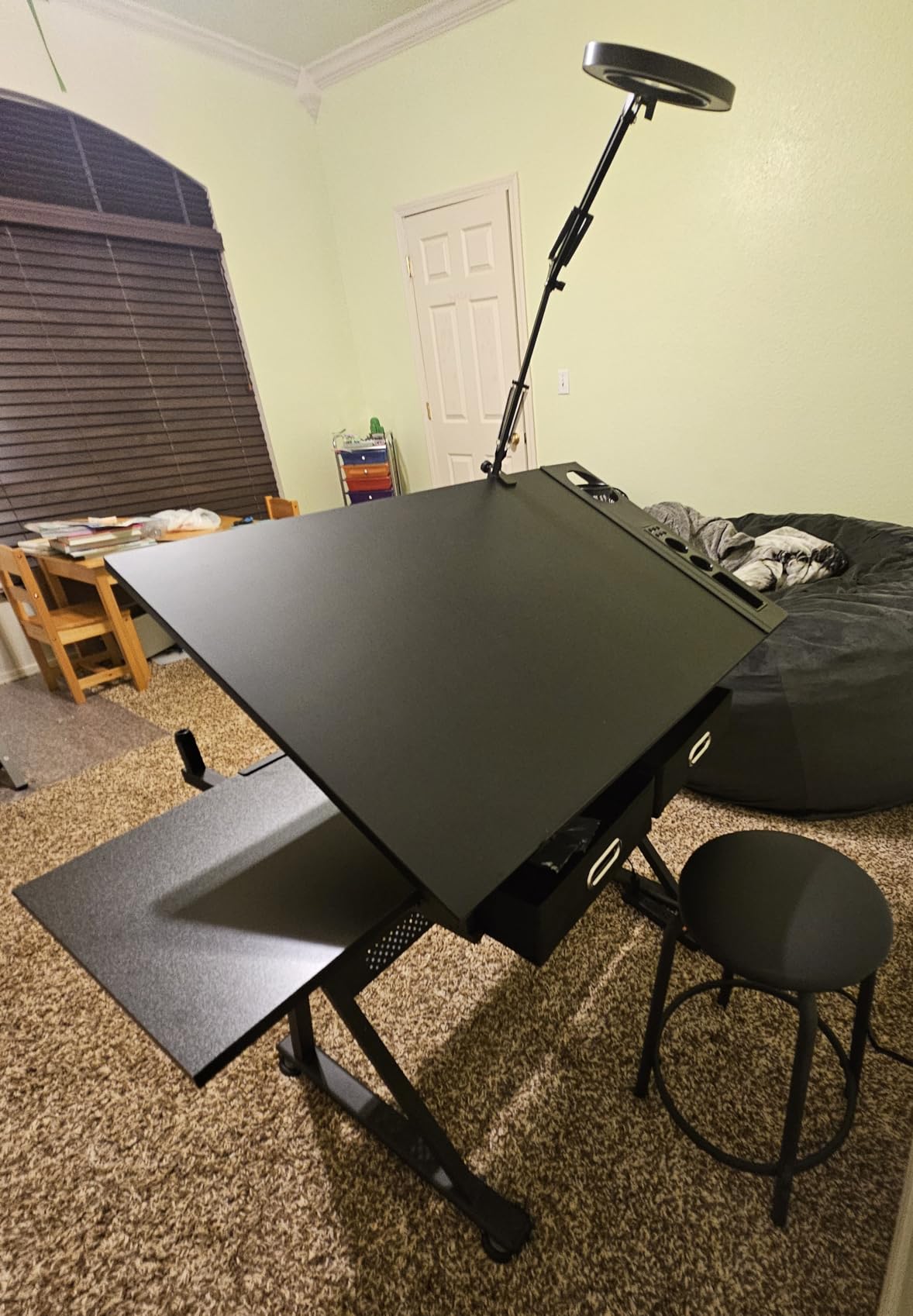 Yaheetech Adjustable Drafting Table Art Desk, Storage Drawers & Stool, Wood | MDF tabletop tilts 0-60 degrees on a metal frame for drawing, crafts, and homework, with two supply drawers and a matching stool. customer photo 1